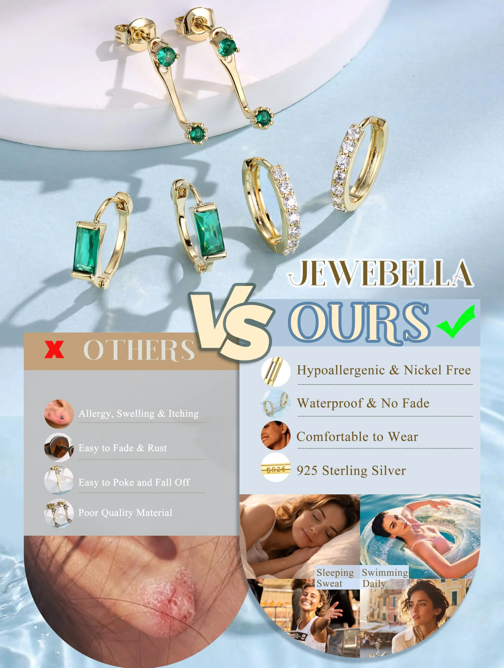 JeweBella Set 3 Paia Orecchini in Argento 925 Placcato Oro 14K, Orecchini a Bottone e a Cerchio per Piercing Multipli - immagine 4