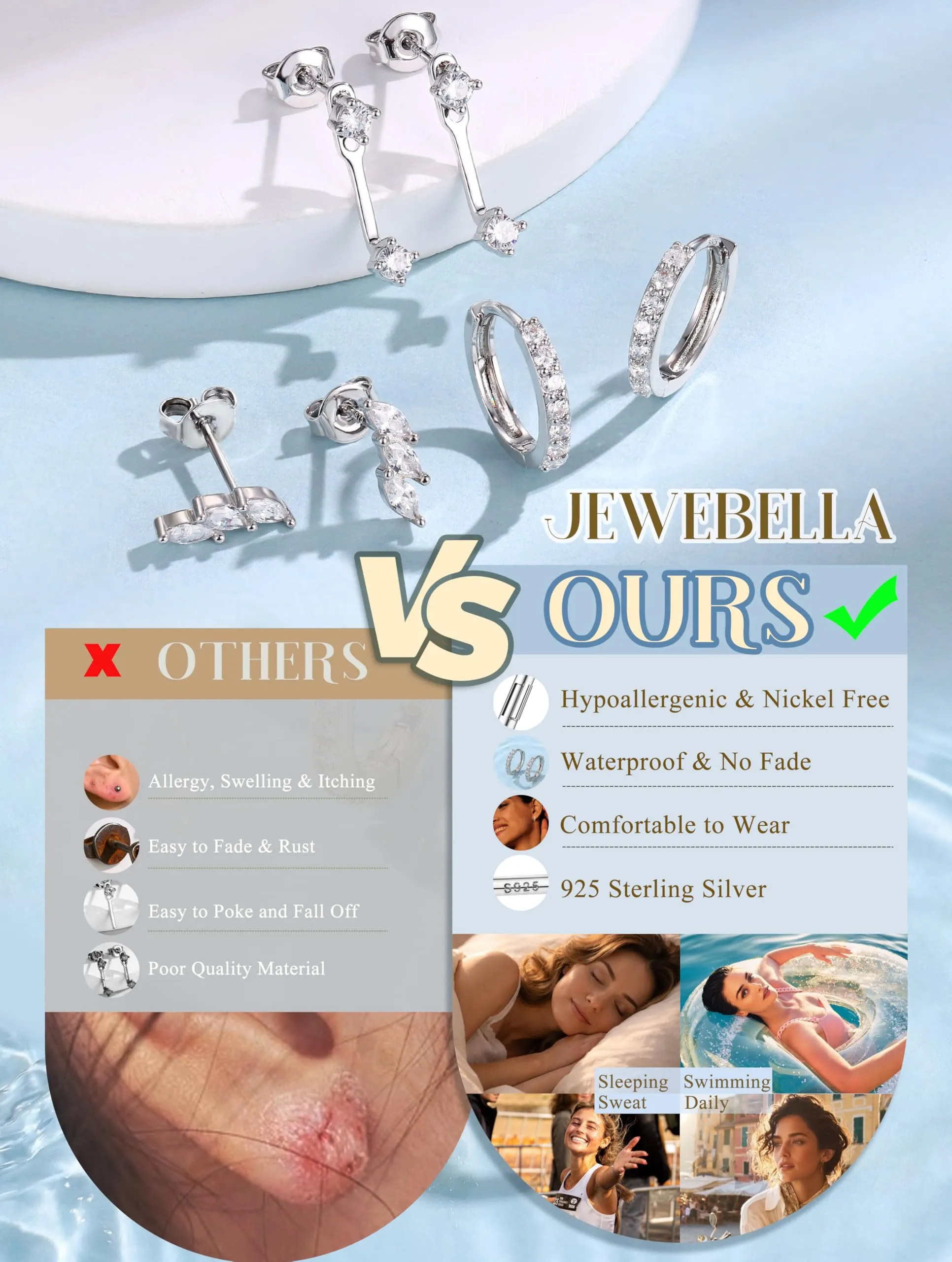 JeweBella Set di 3 Paia di Orecchini in Argento 925 Placcato Oro 14K per Donna, Orecchini a Bottone e a Cerchio per Piercing Multipli - immagine 4