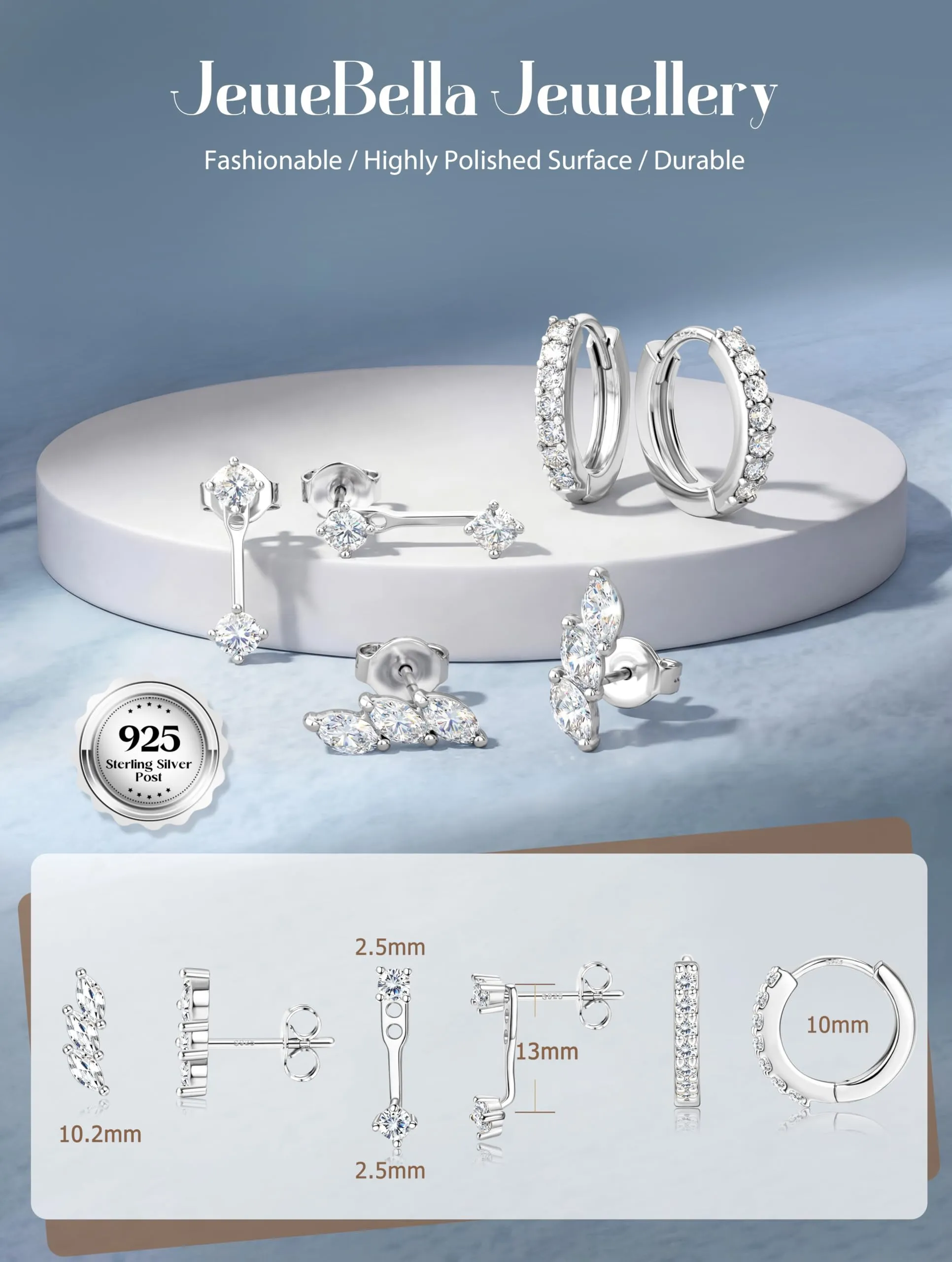 JeweBella Set di 3 Paia di Orecchini in Argento 925 Placcato Oro 14K per Donna, Orecchini a Bottone e a Cerchio per Piercing Multipli - immagine 5