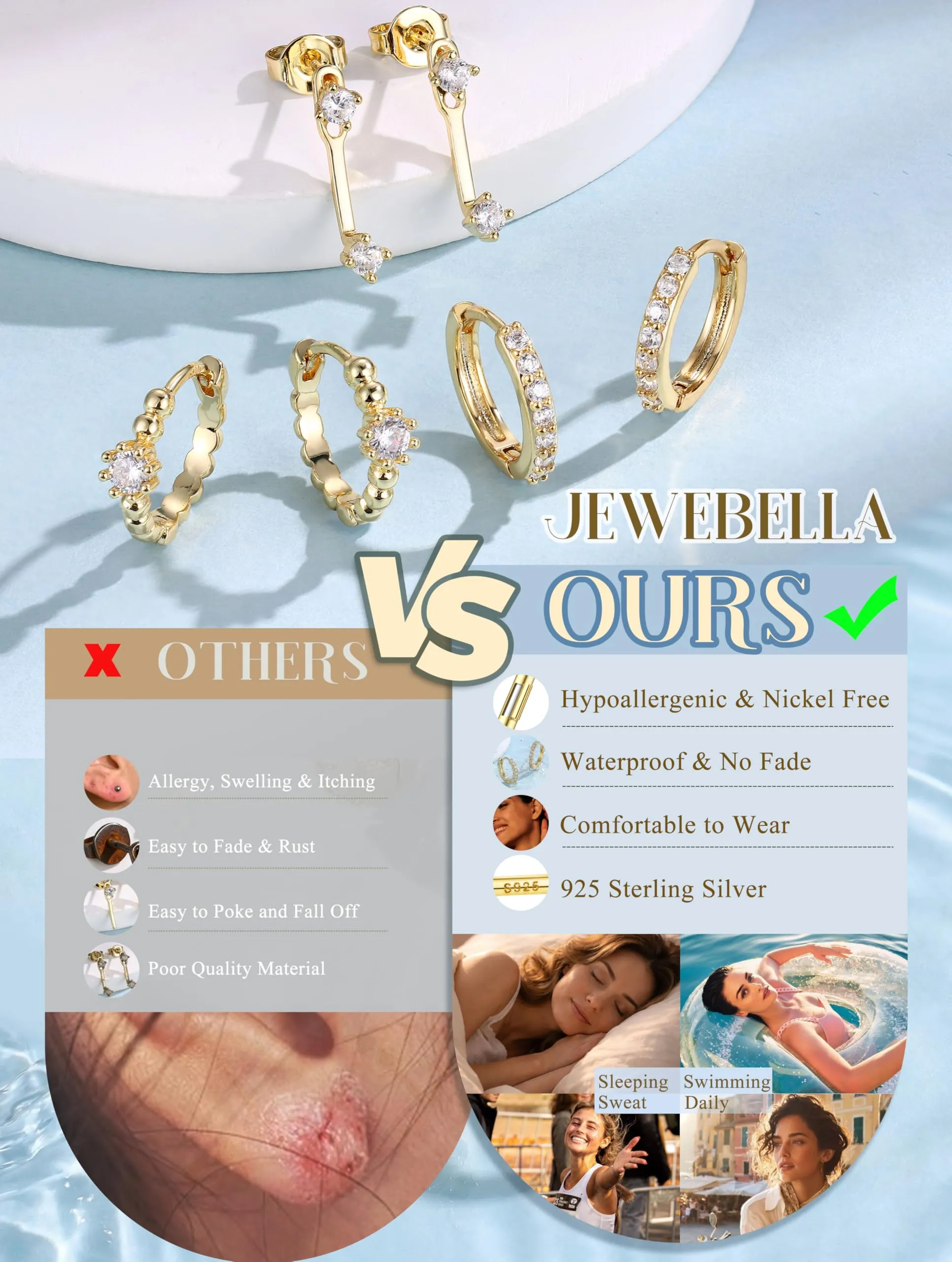 JeweBella Set di 3 Paia di Orecchini in Argento 925 Placcato Oro 14K, Orecchini a Bottone e a Cerchio per Piercing Multipli - immagine 4