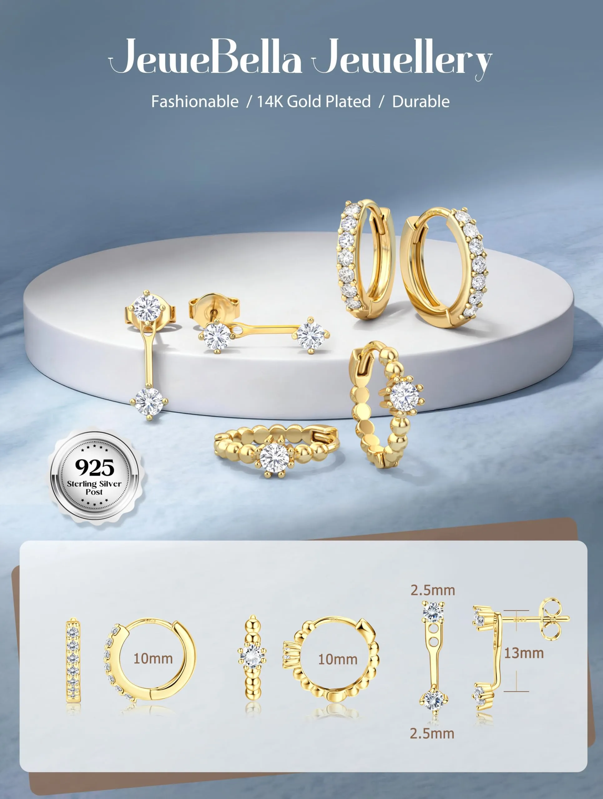 JeweBella Set di 3 Paia di Orecchini in Argento 925 Placcato Oro 14K, Orecchini a Bottone e a Cerchio per Piercing Multipli - immagine 5
