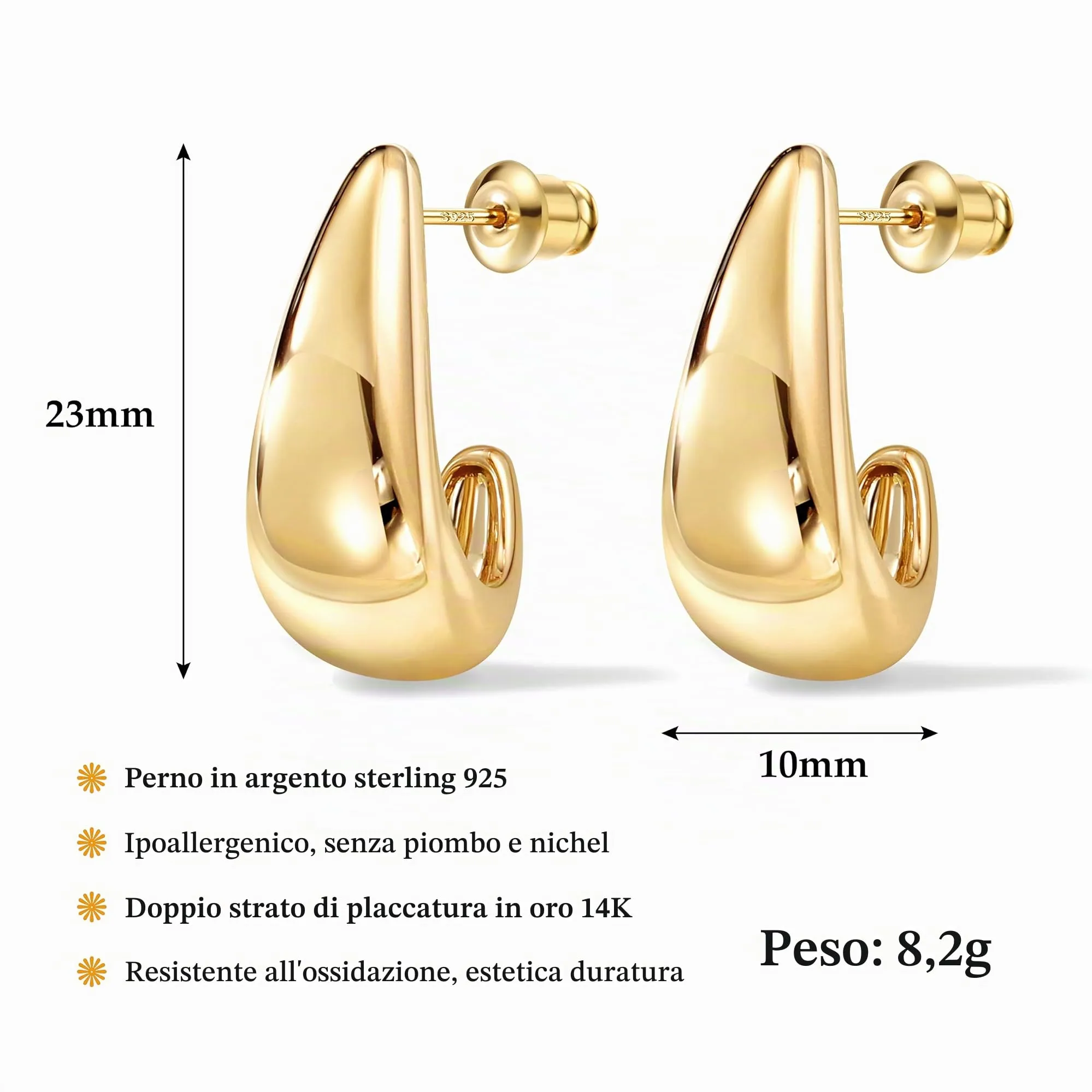 Dochais Orecchini a Cerchio in Argento 925 Placcati in Oro 14K Anallergici - immagine 3