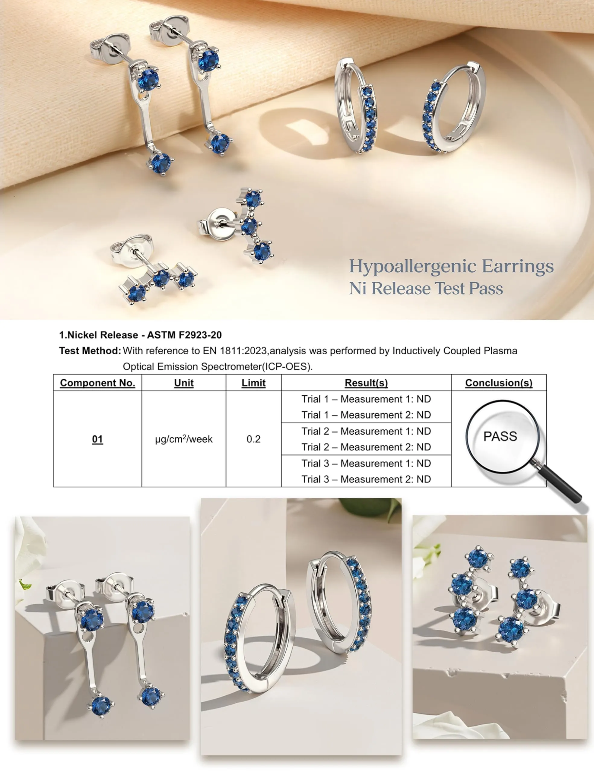 Morfetto Set Orecchini Donna Argento 925 Azzurri, 3 Paia - immagine 3