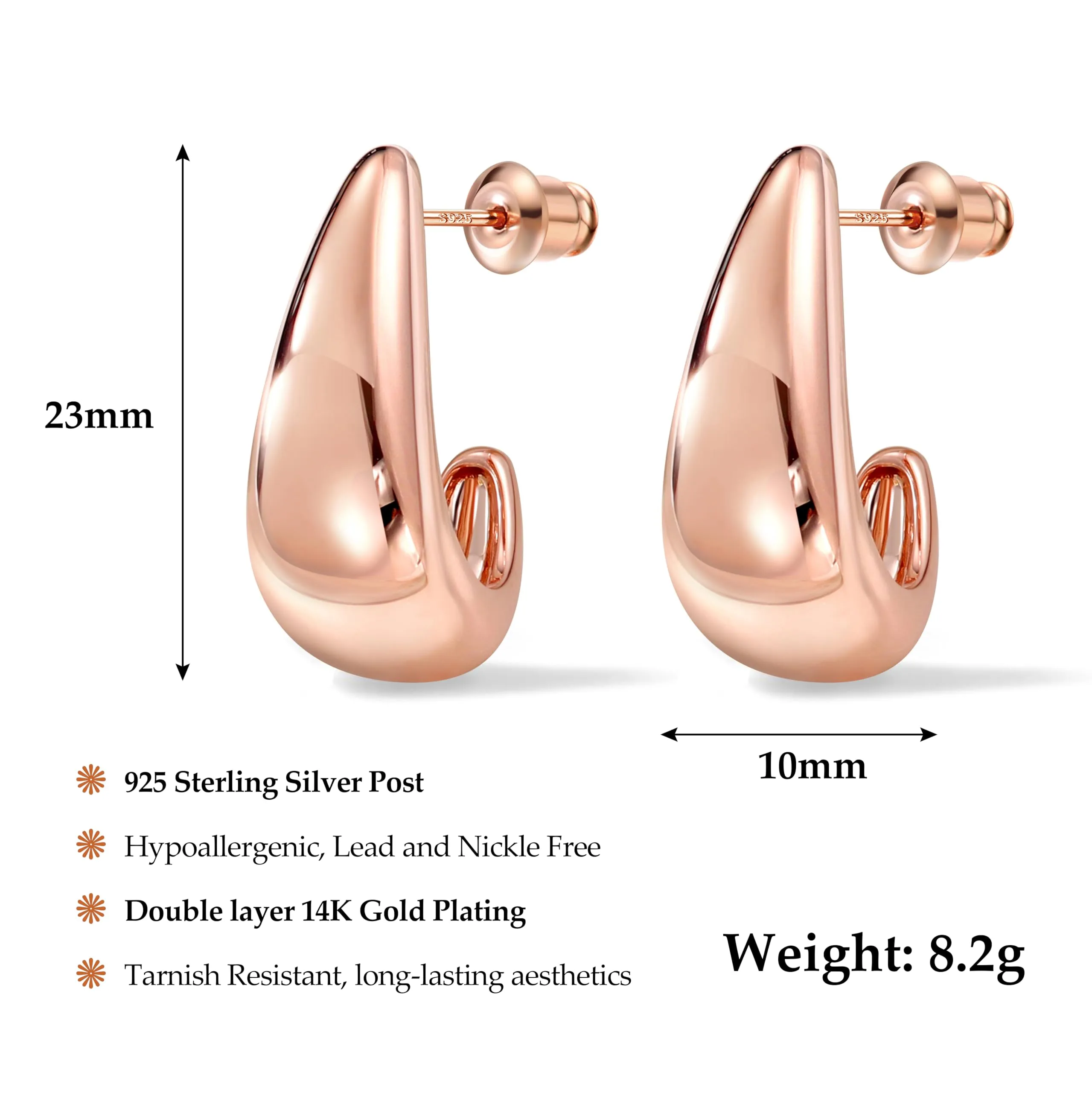 Dochais Orecchini a Cerchio a Goccia in Argento 925 Placcati in Oro 14K, Anallergici - immagine 3
