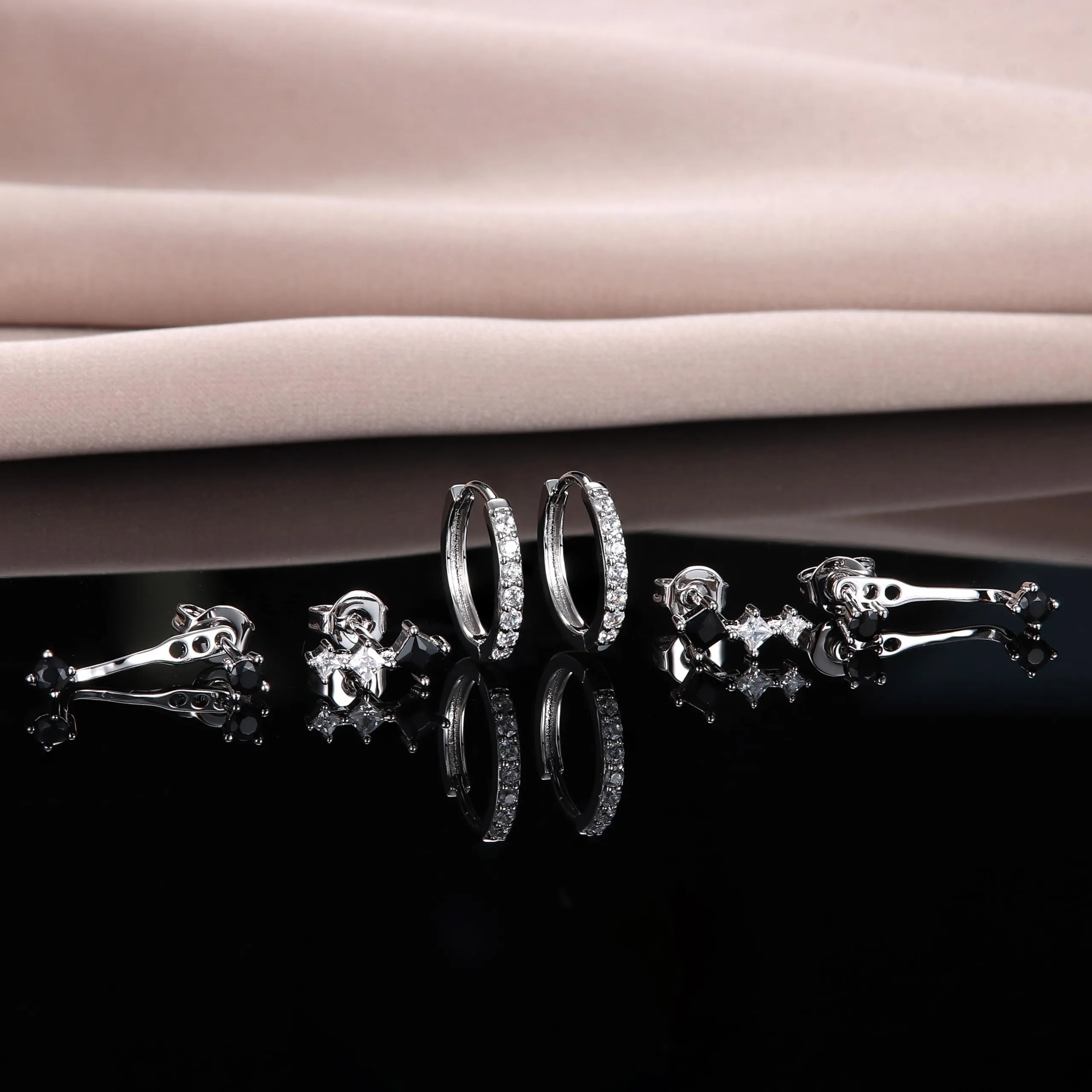 Morfetto Set Orecchini Donna Argento 925, 3 Paia Arg/Ner - immagine 2