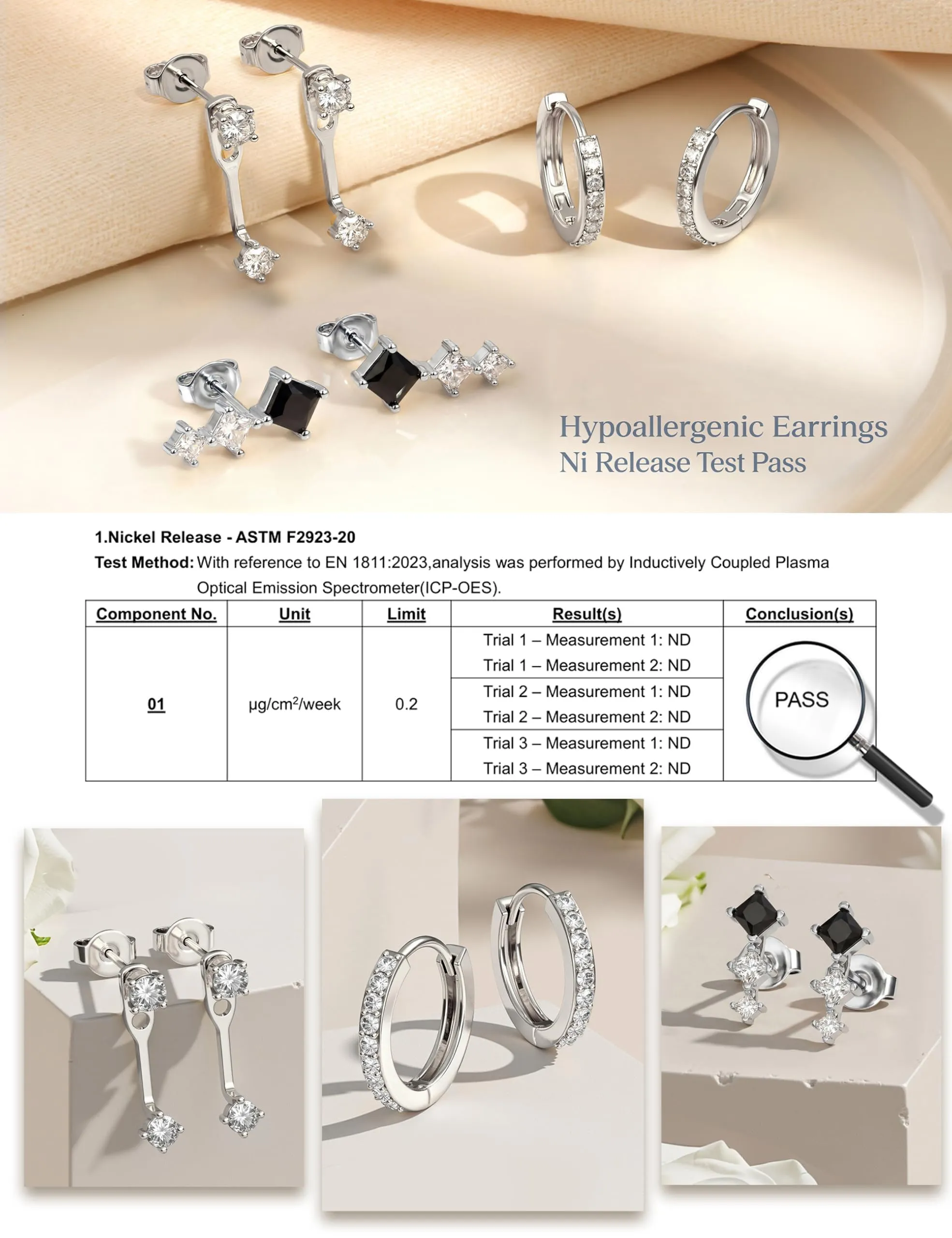 Morfetto Set Orecchini Donna Argento 925, 3 Paia Arg/Ner - immagine 3