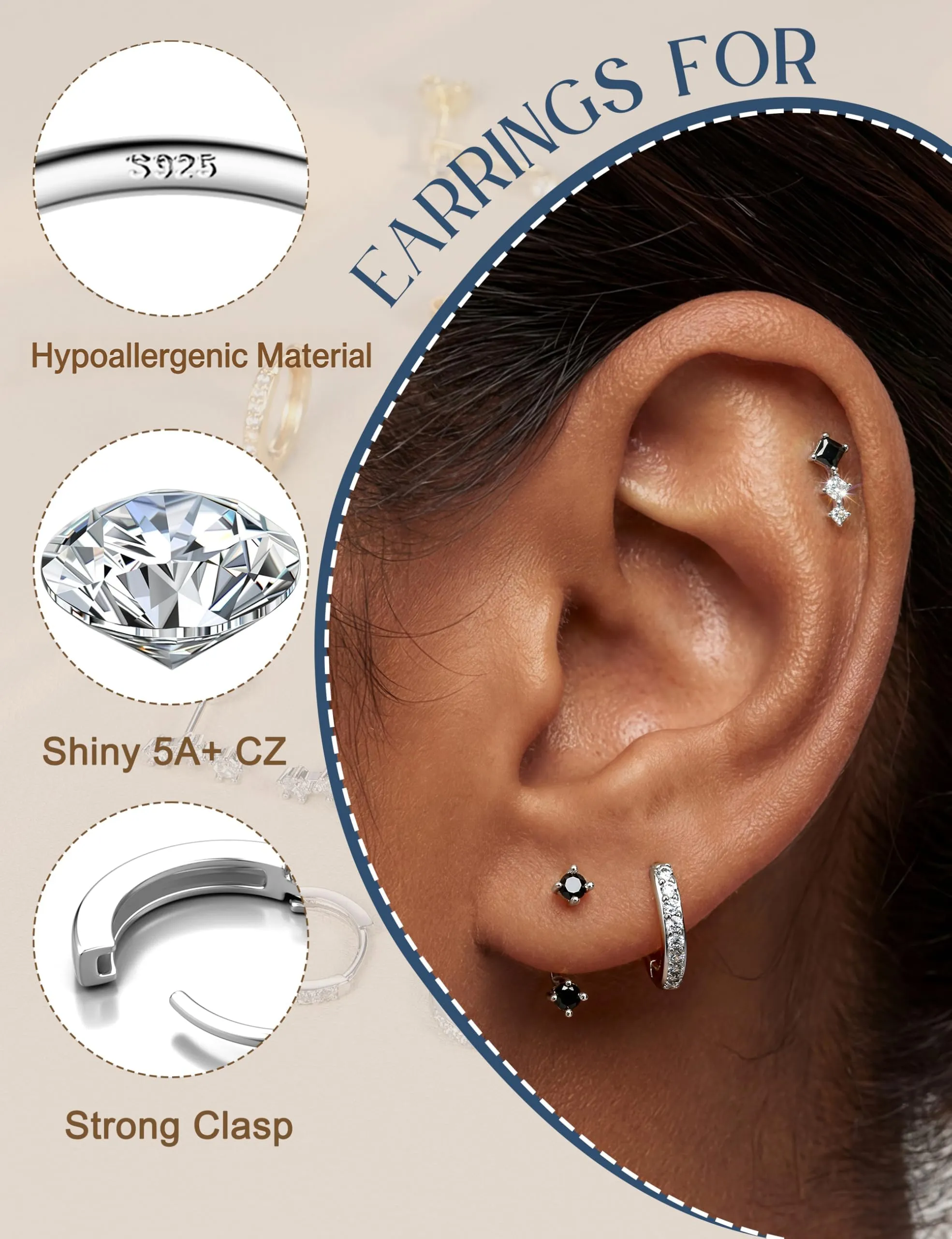 Morfetto Set Orecchini Donna Argento 925, 3 Paia Arg/Ner - immagine 4