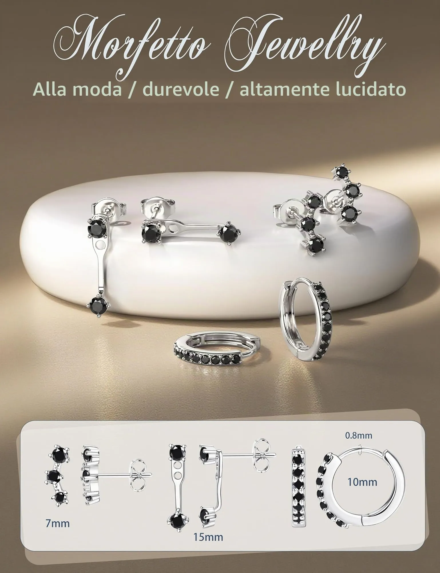 Morfetto Set di Orecchini in Argento 925, 3 Paia, Neri - immagine 2