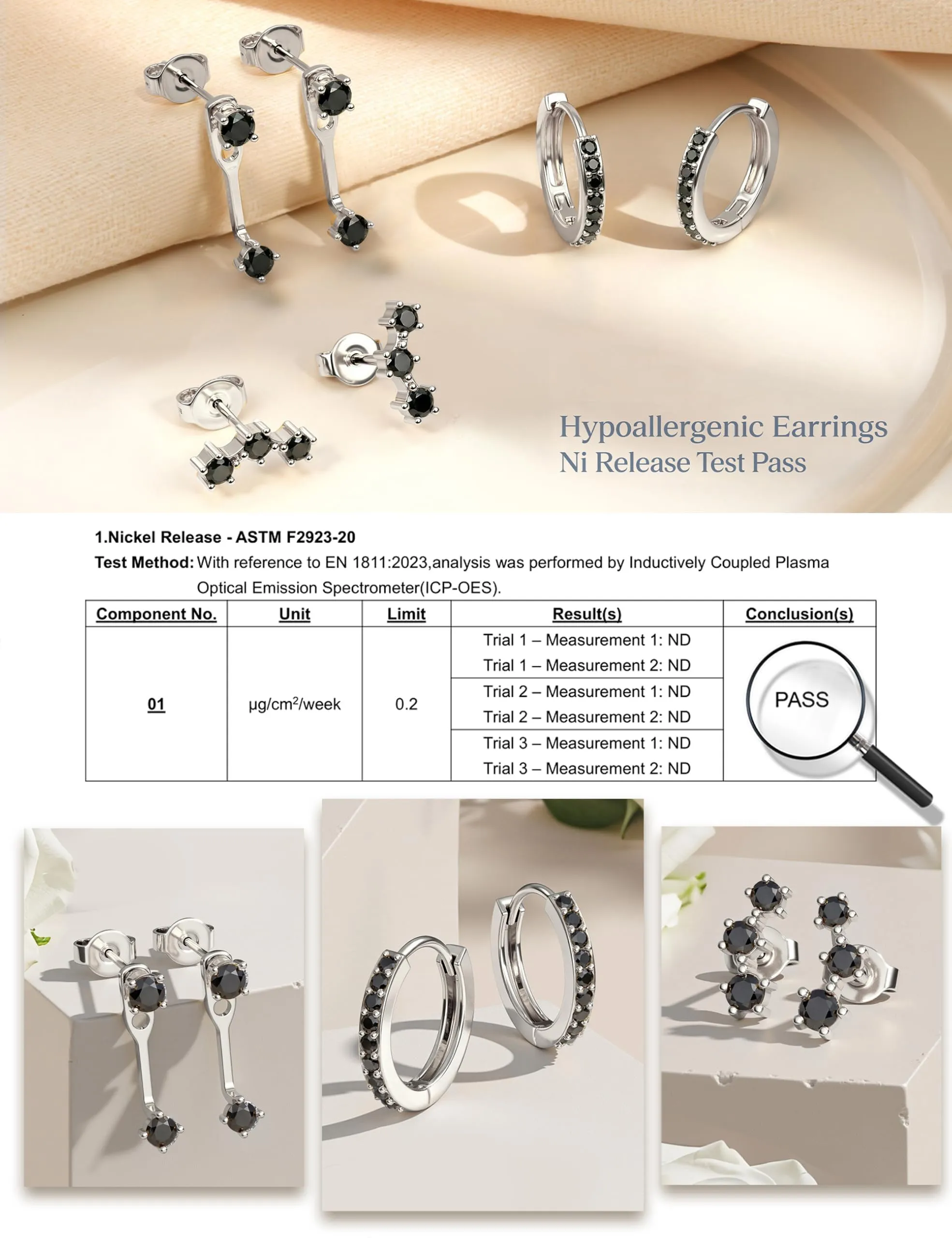 Morfetto Set di Orecchini in Argento 925, 3 Paia, Neri - immagine 3