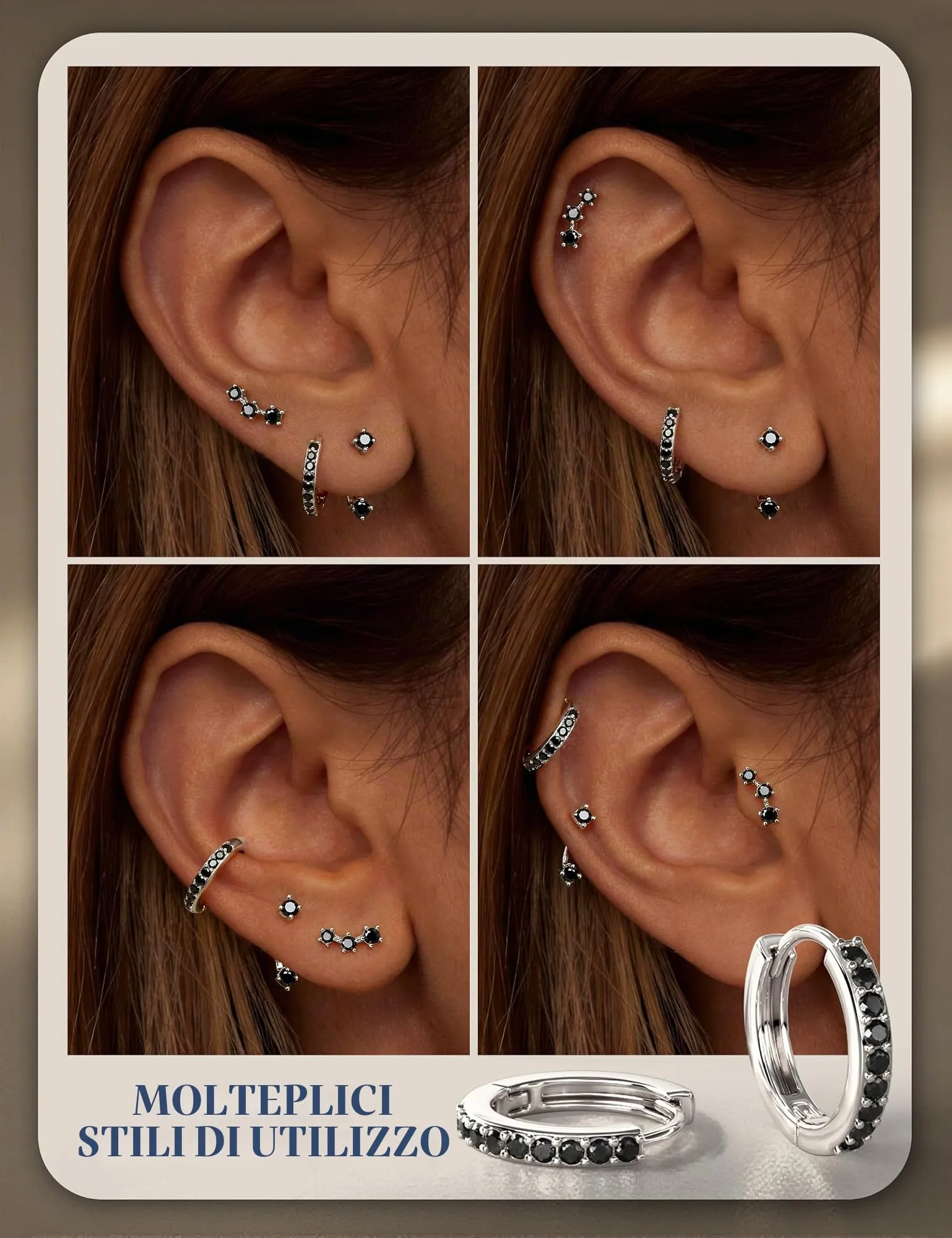 Morfetto Set di Orecchini in Argento 925, 3 Paia, Neri - immagine 5