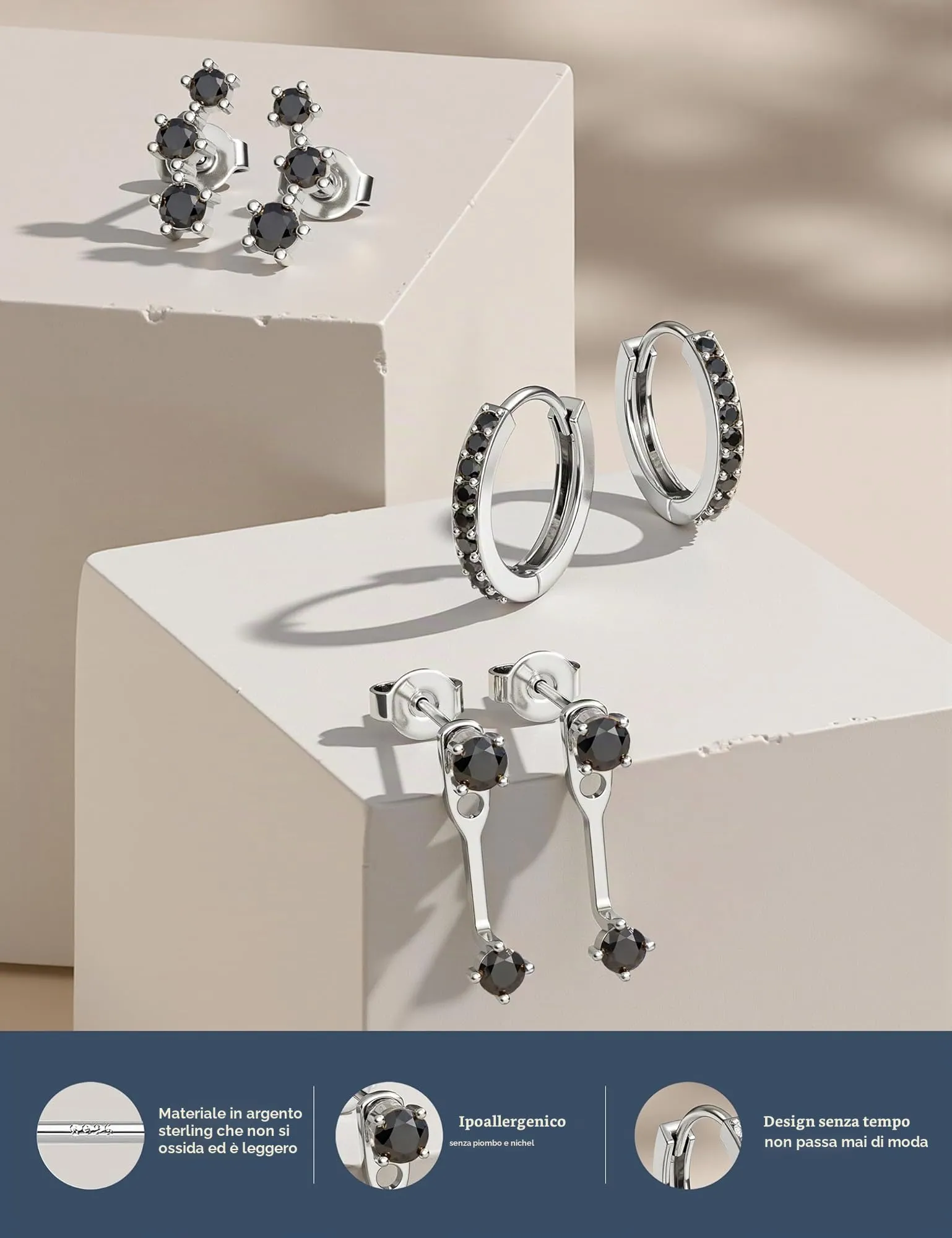 Morfetto Set di Orecchini in Argento 925, 3 Paia, Neri - immagine 6