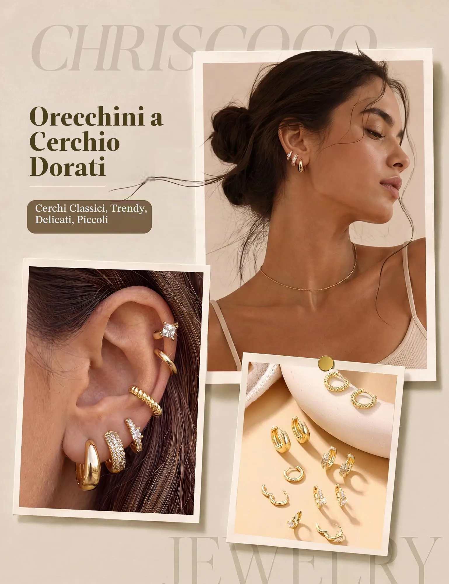 Chriscoco Set 3 Paia Orecchini a Cerchio in Oro Placcato 14K e Argento, Anallergici per Fori Multipli - immagine 3
