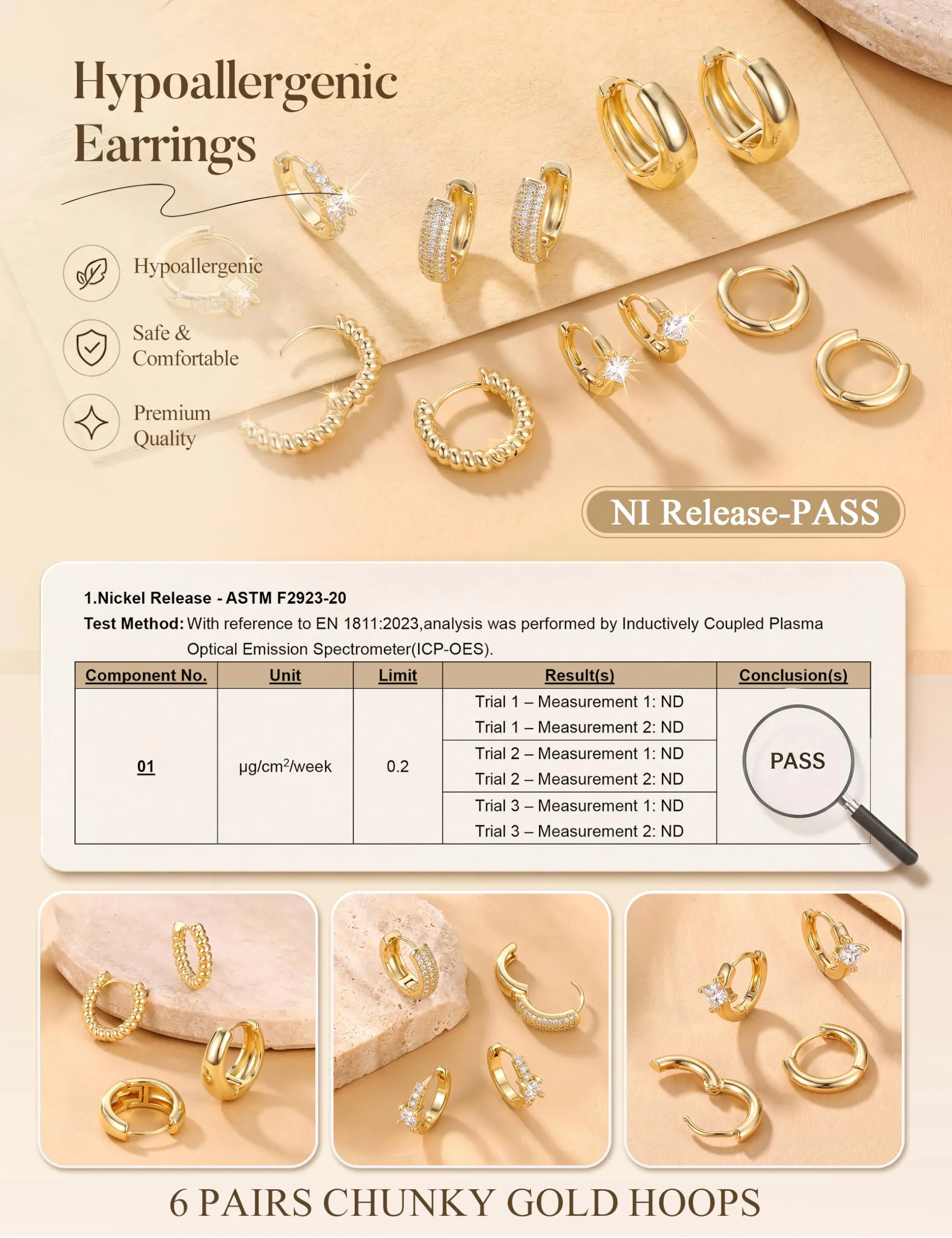 Chriscoco Set 3 Paia Orecchini a Cerchio in Oro Placcato 14K e Argento, Anallergici per Fori Multipli - immagine 4