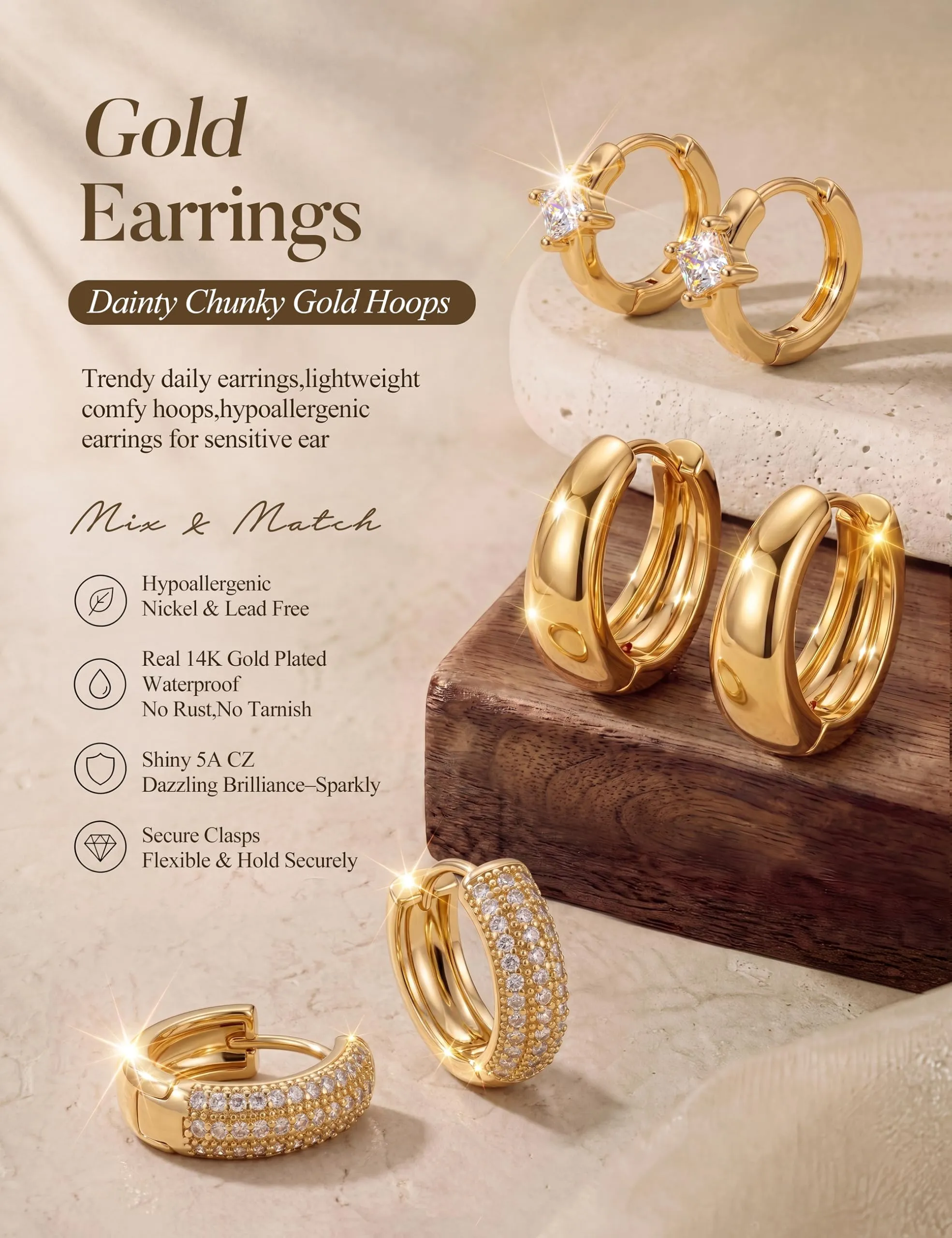 Chriscoco Set 3 Paia Orecchini a Cerchio in Oro Placcato 14K e Argento, Anallergici per Fori Multipli - immagine 5