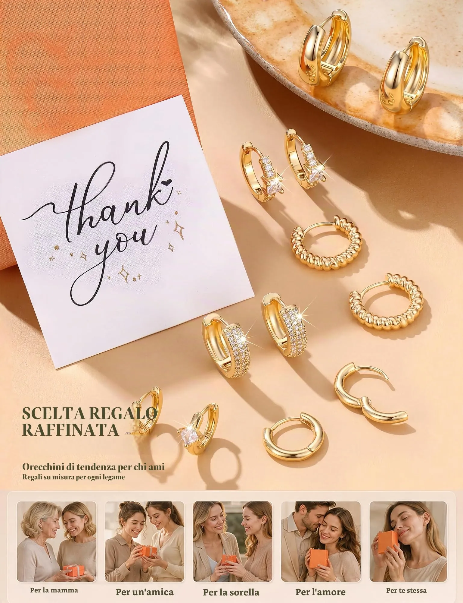 Chriscoco Set 3 Paia Orecchini a Cerchio in Oro Placcato 14K e Argento, Anallergici per Fori Multipli - immagine 7