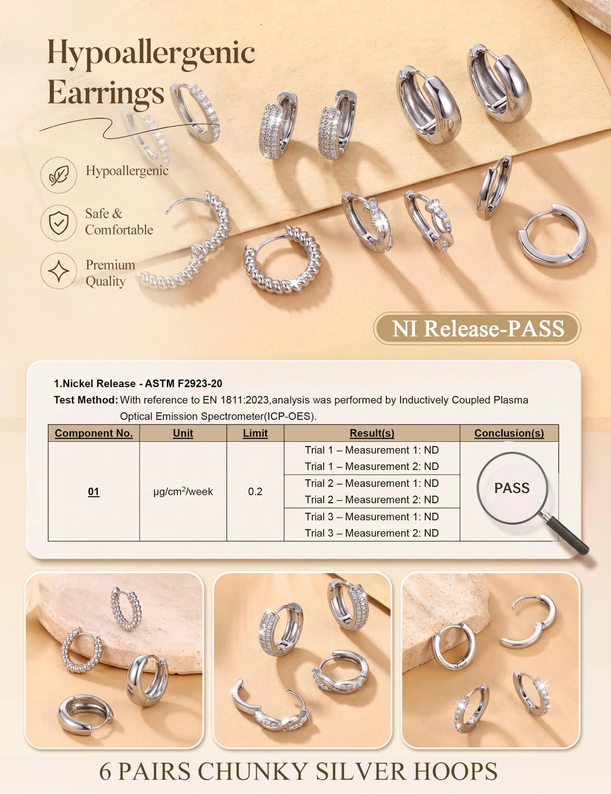 Chriscoco Set 3 Paia Orecchini a Cerchio Oro Placcato 14K e Argento Anallergici per Fori Multipli - immagine 4