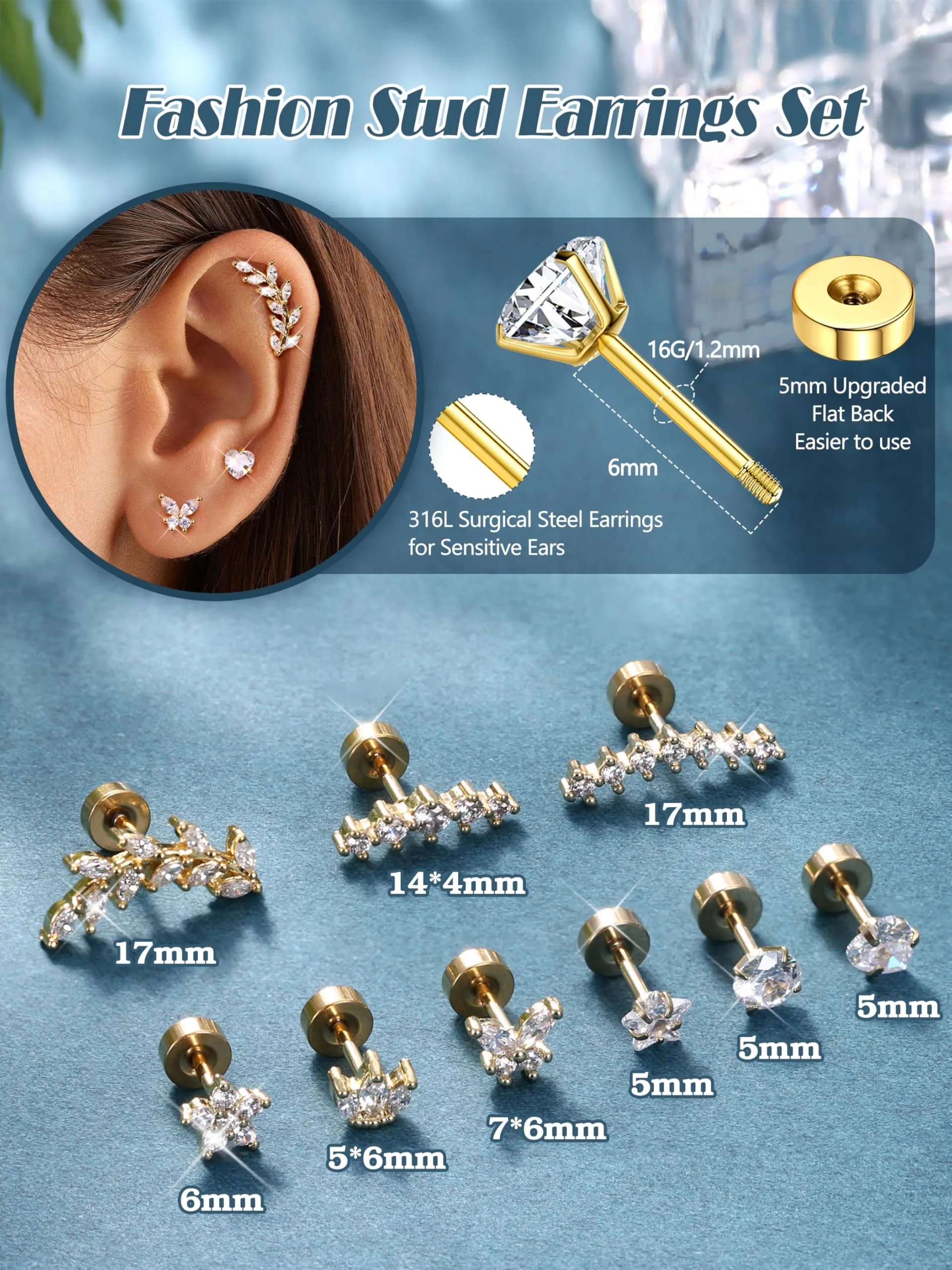 Diamday Set 9 Pezzi Piercing Orecchio in Acciaio Chirurgico 16G per Helix Trago Conch e Cartilagine, Argento e Oro - immagine 4