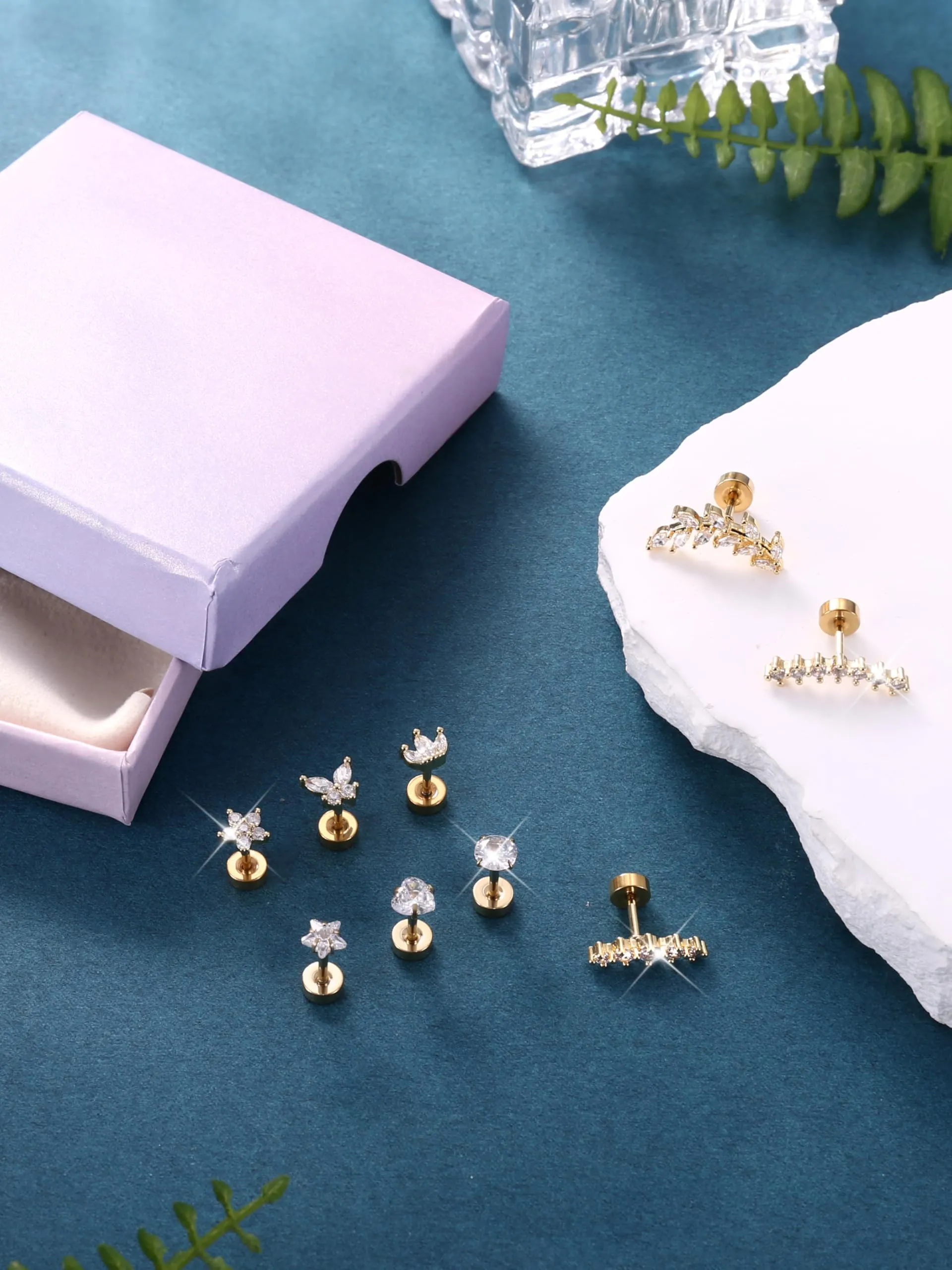 Diamday Set 9 Pezzi Piercing Orecchio in Acciaio Chirurgico 16G per Helix Trago Conch e Cartilagine, Argento e Oro - immagine 6
