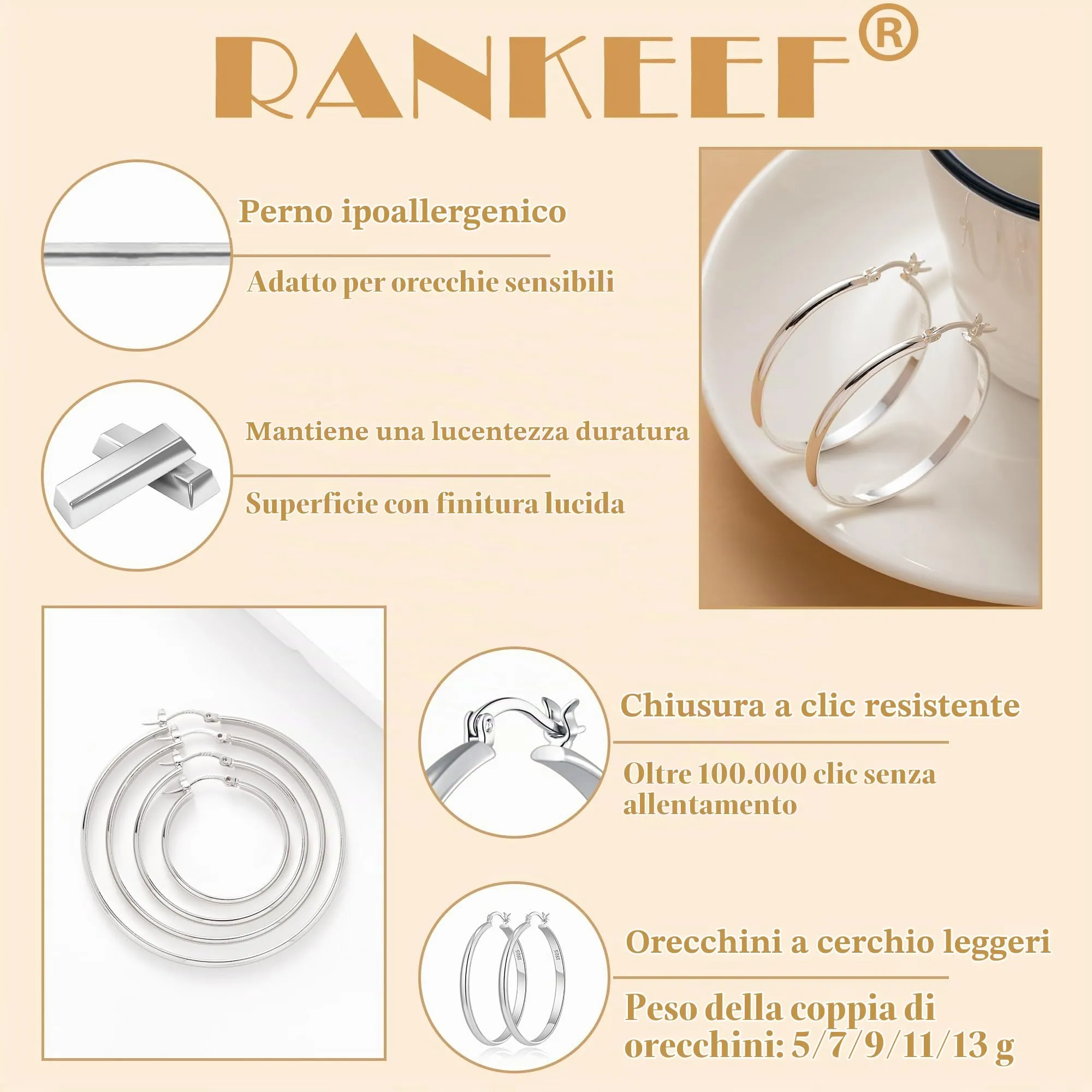 RANKEEF Orecchini a Cerchio Grandi in Argento 925 Sterling, 3 mm Larghezza, 60 mm, Ipoallergenici - immagine 3