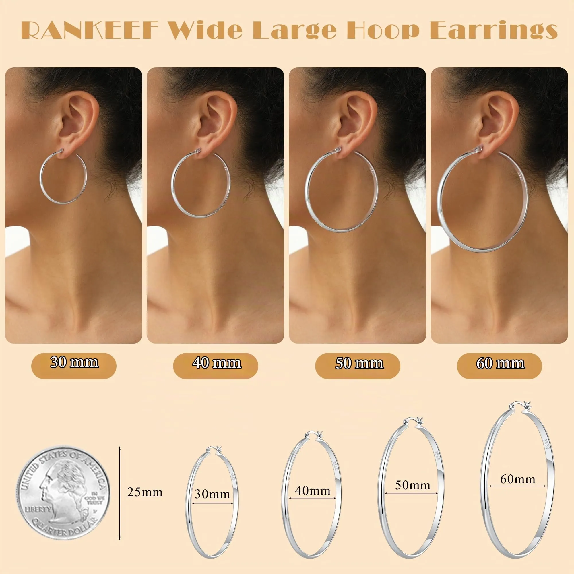 RANKEEF Orecchini a Cerchio in Argento 925 Sterling, 3 mm, 70 mm - immagine 6