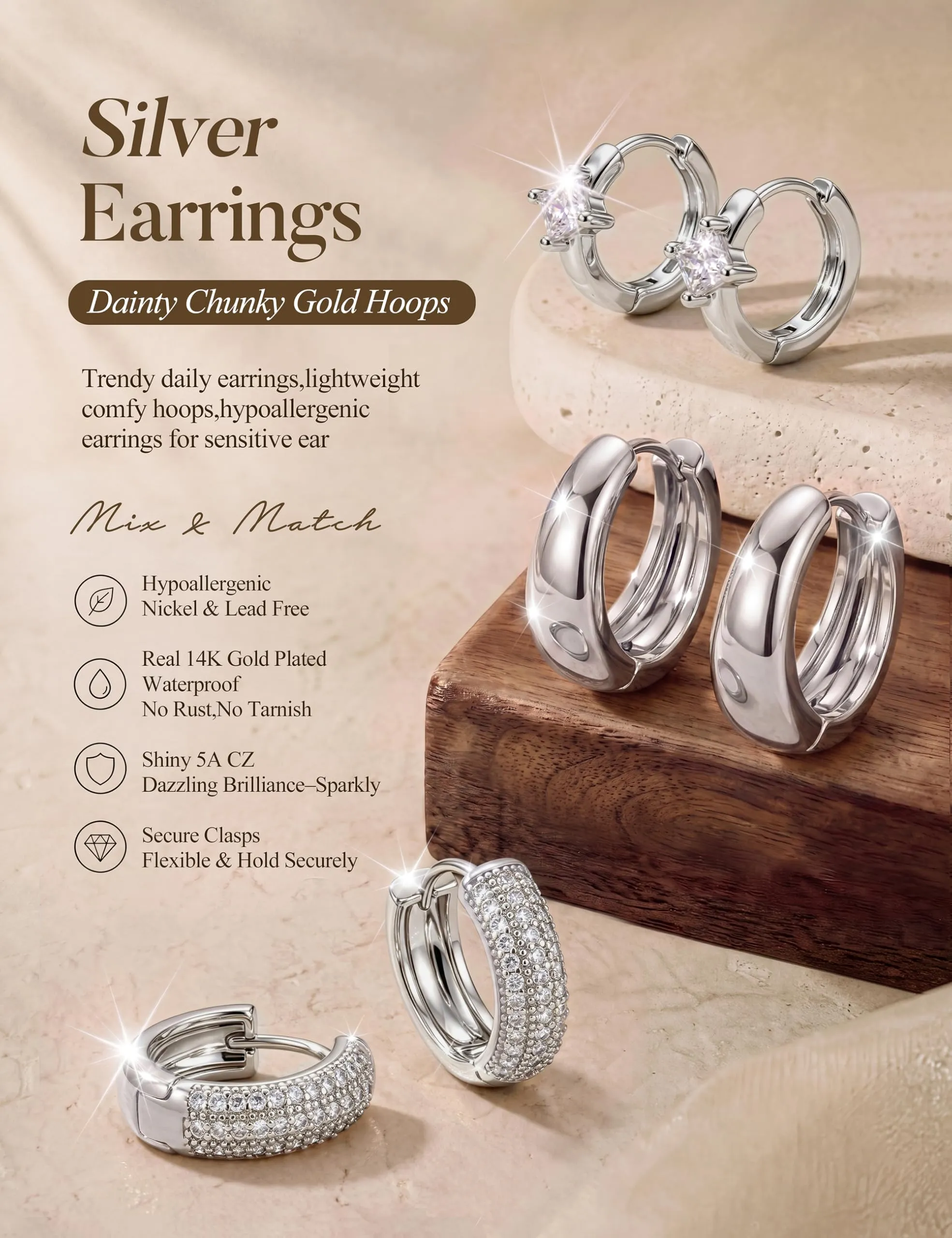 Chriscoco Set 3 Paia Orecchini a Cerchio in Oro Placcato 14K e Argento, Anallergici, 7mm/10mm/12mm - immagine 4