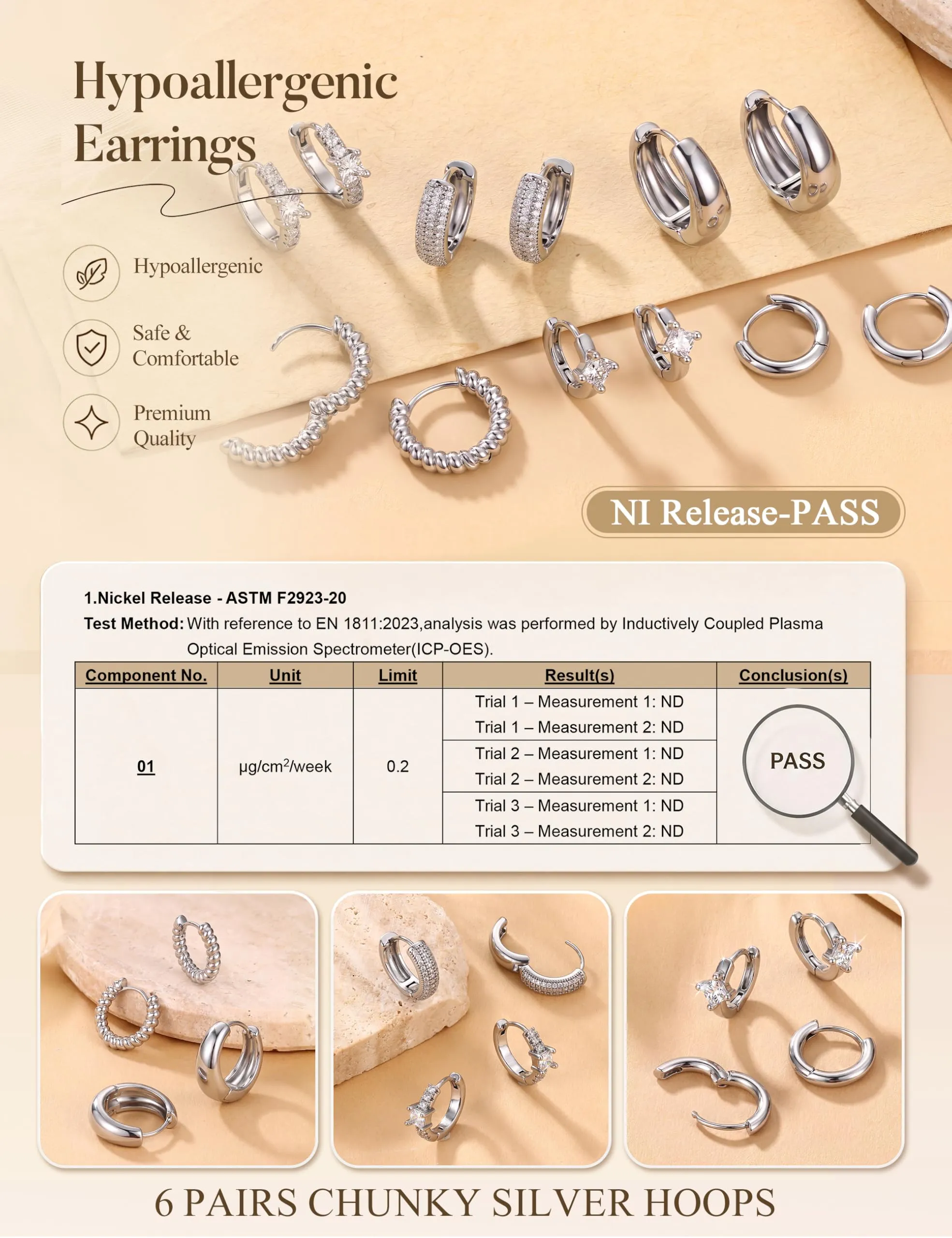 Chriscoco Set 3 Paia Orecchini a Cerchio in Oro Placcato 14K e Argento, Anallergici, 7mm/10mm/12mm - immagine 5