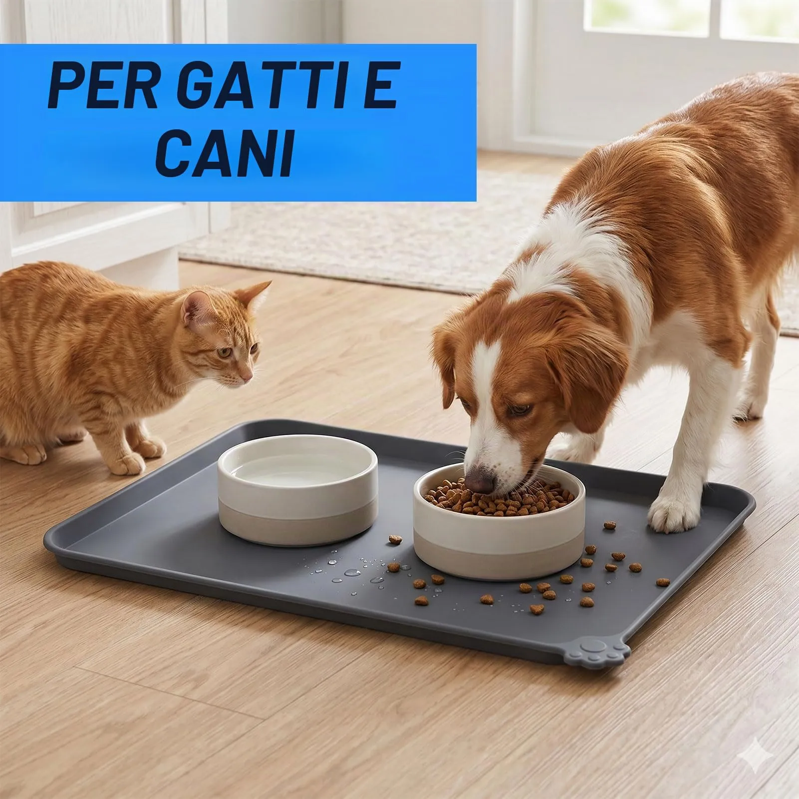 Reopet Tappetino in Silicone per Cibo e Acqua per Animali Domestici, Impermeabile con Bordi Rialzati, 87 x 57 cm, Grigio - immagine 2