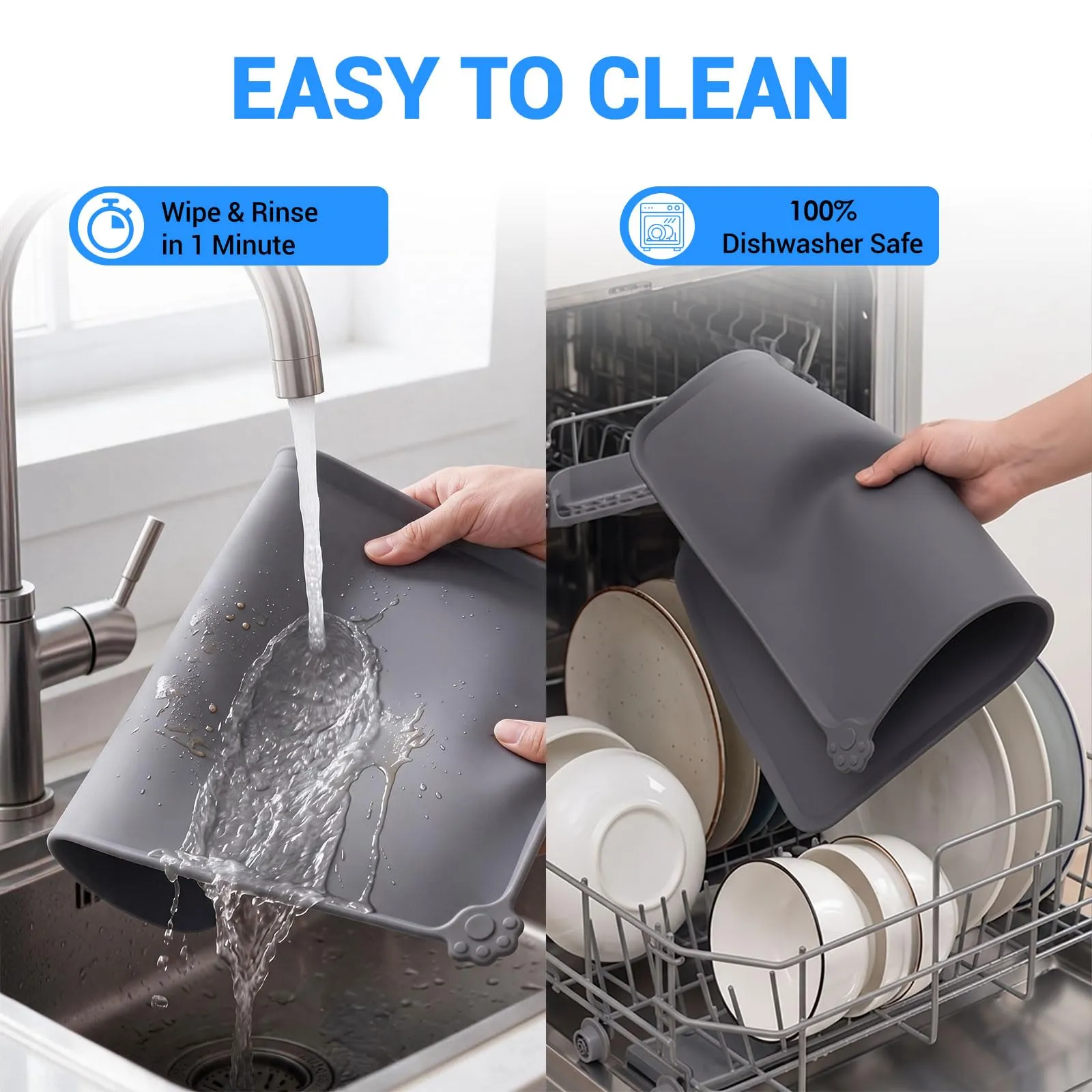 Reopet Tappetino in Silicone per Cibo e Acqua per Animali Domestici, Impermeabile con Bordi Rialzati, 87 x 57 cm, Grigio - immagine 4