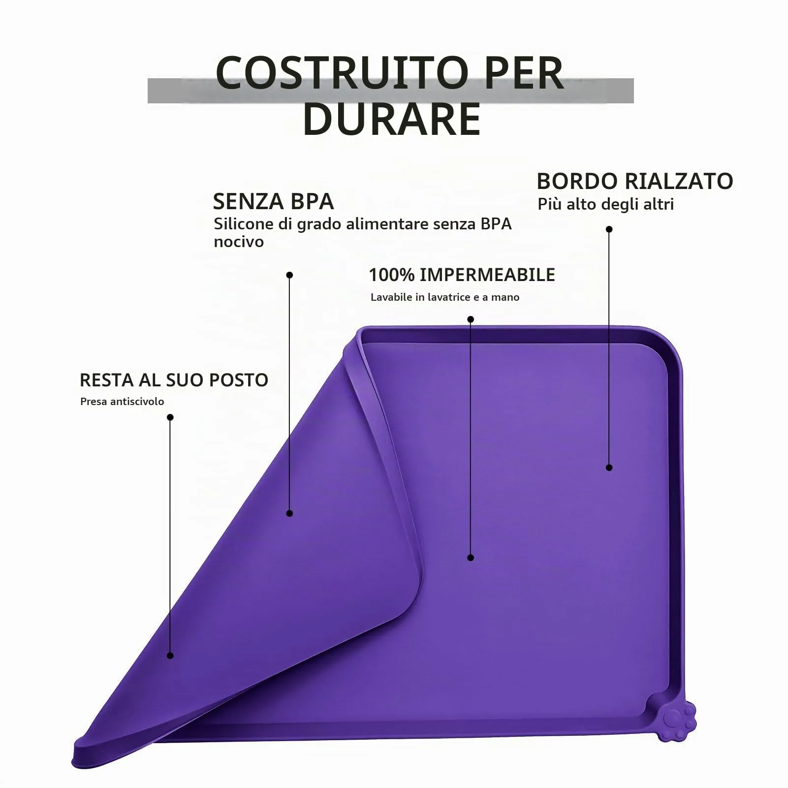 Reopet Tappetino in Silicone per Cibo e Acqua per Animali Domestici, Impermeabile e Antispill, 47 x 30 cm, Viola - immagine 5
