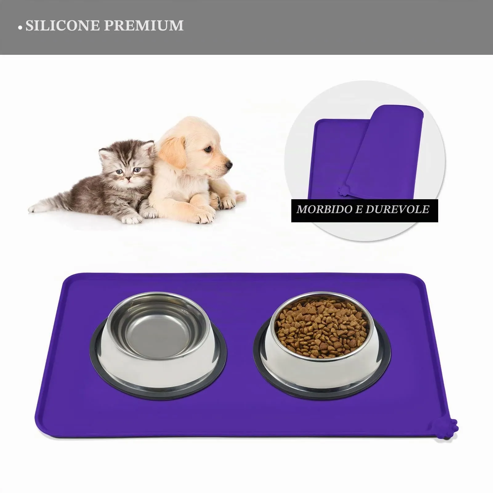 Reopet Tappetino in Silicone per Cibo e Acqua per Animali Domestici, Impermeabile e Antispill, 53 x 37 cm, Viola - immagine 3