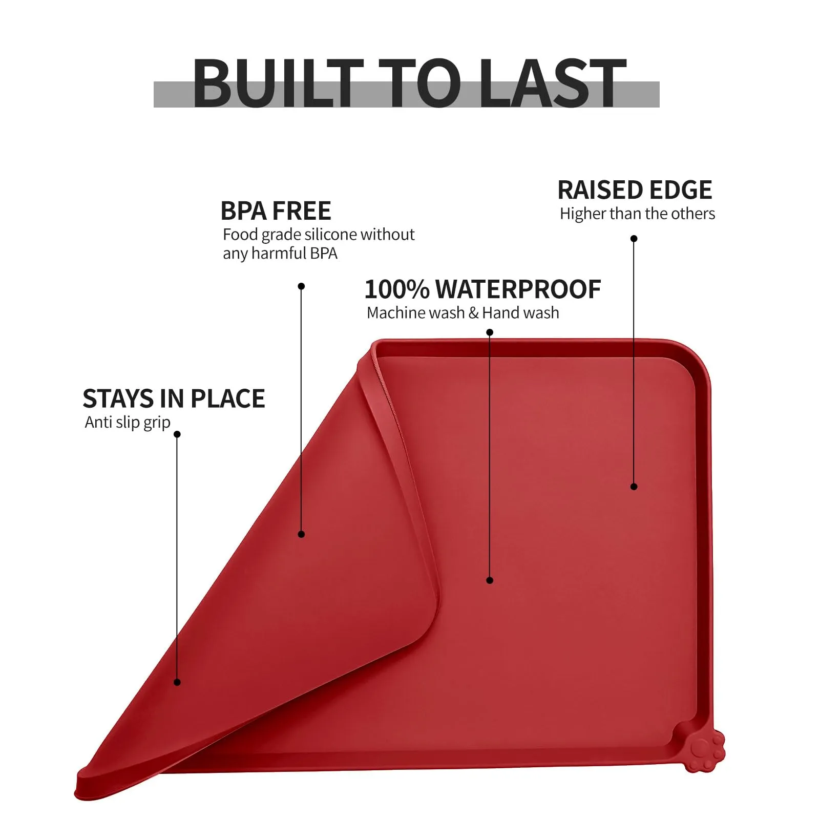 Reopet Tappetino in Silicone per Cibo e Acqua per Animali Domestici, Impermeabile e Antispill, 87 x 57 cm, Rosso - immagine 5
