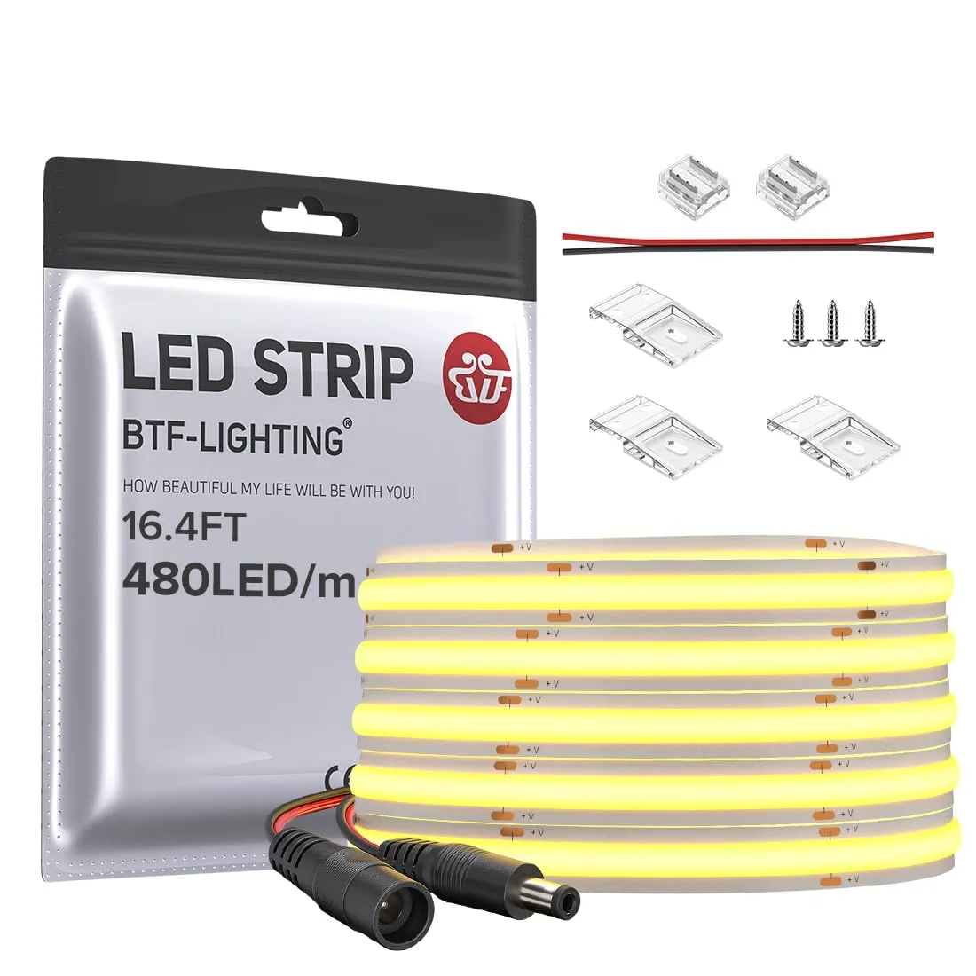 BTF-LIGHTING FCOB COB LED Strip 12V Natural White 4000K 5m 480LEDs/m - immagine 1