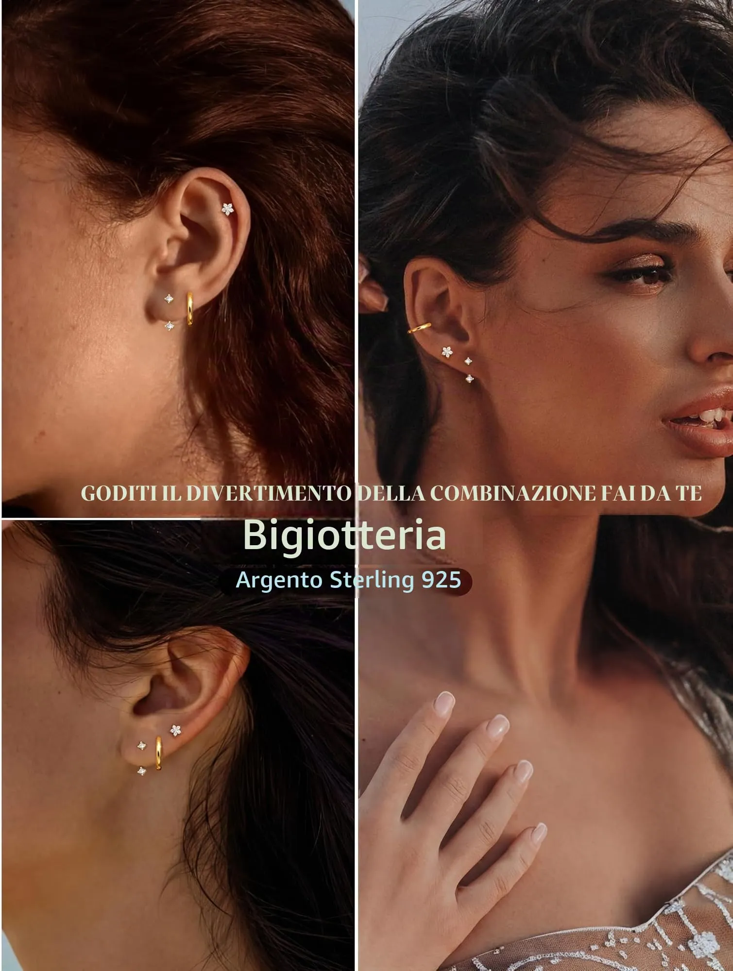 JeweBella Set di 3 Paia di Orecchini in Argento 925 Placcato Oro 14K per Donna, Orecchini a Bottone e a Cerchio per Piercing Multipli - immagine 3