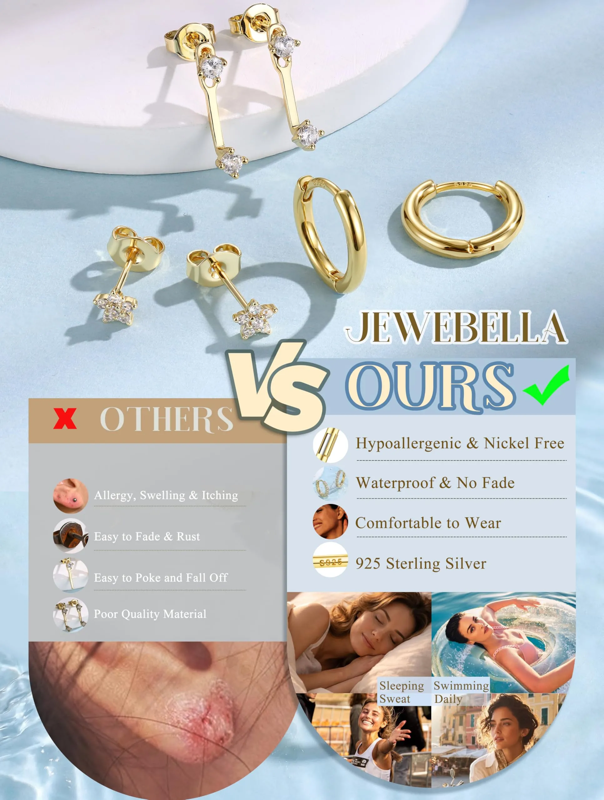 JeweBella Set di 3 Paia di Orecchini in Argento 925 Placcato Oro 14K per Donna, Orecchini a Bottone e a Cerchio per Piercing Multipli - immagine 4