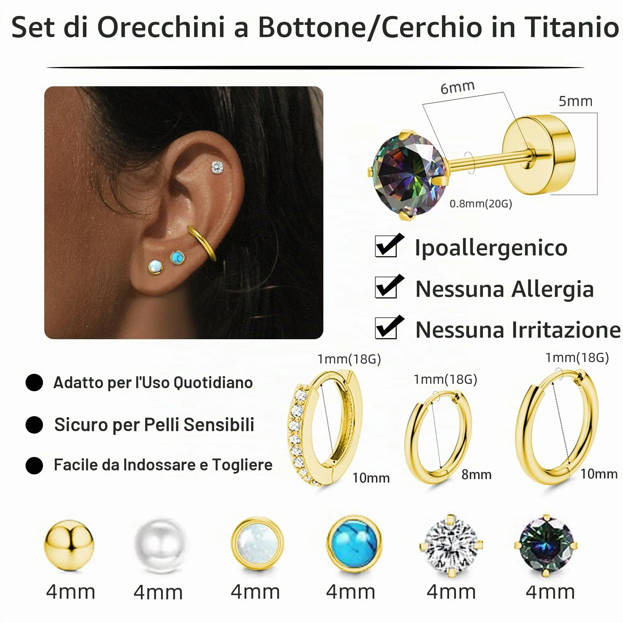 LOFITOR Set di 9 Paia di Orecchini in Titanio Ipoallergenici per Donna e Uomo, Cerchi e Stud per Helix, Trago e Lobo (Argento, Oro, Nero) - immagine 4