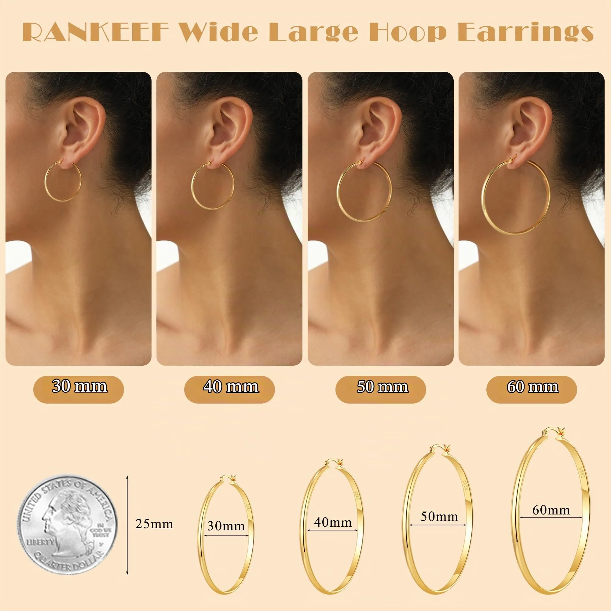 RANKEEF Orecchini a Cerchio Donna in Argento 925 Placcati Oro 14k, 3 mm Larghi, 40 mm - immagine 6