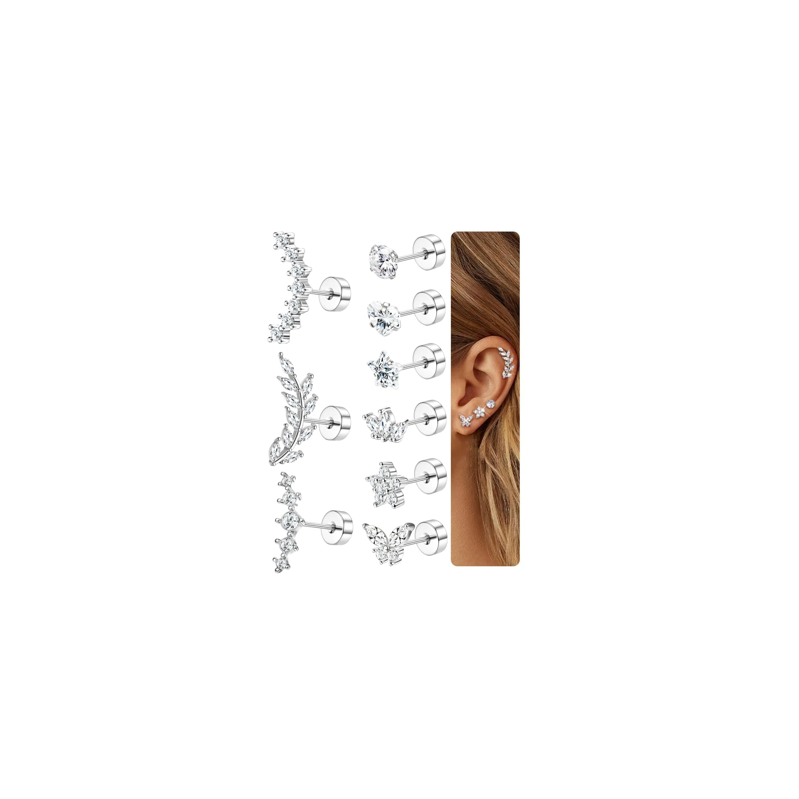 Diamday 9Pcs Piercing Orecchio Acciaio Chirurgico Set Orecchini Helix Trago Conch Argento Oro - immagine 1