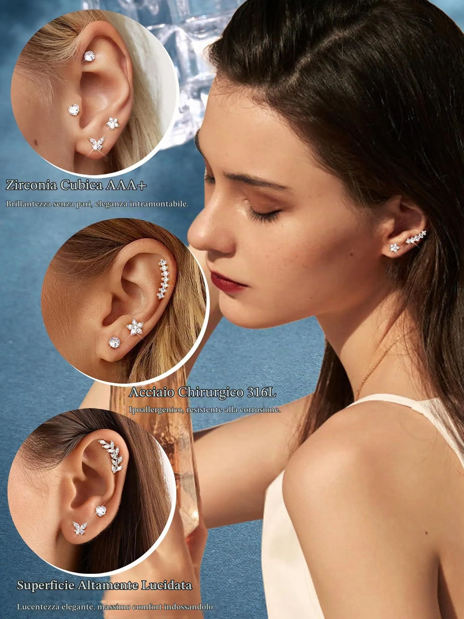 Diamday 9Pcs Piercing Orecchio Acciaio Chirurgico Set Orecchini Helix Trago Conch Argento Oro - immagine 2