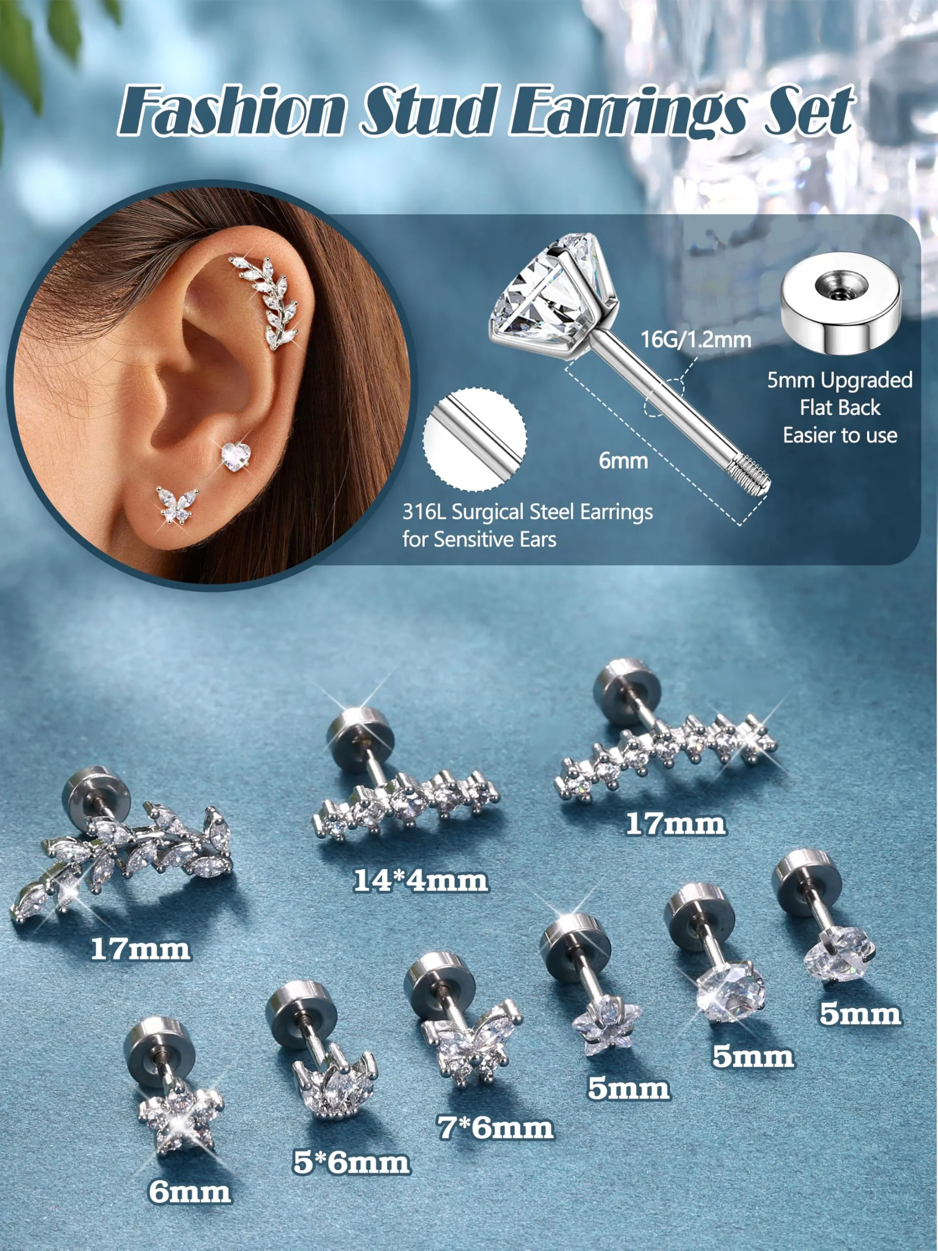Diamday 9Pcs Piercing Orecchio Acciaio Chirurgico Set Orecchini Helix Trago Conch Argento Oro - immagine 4