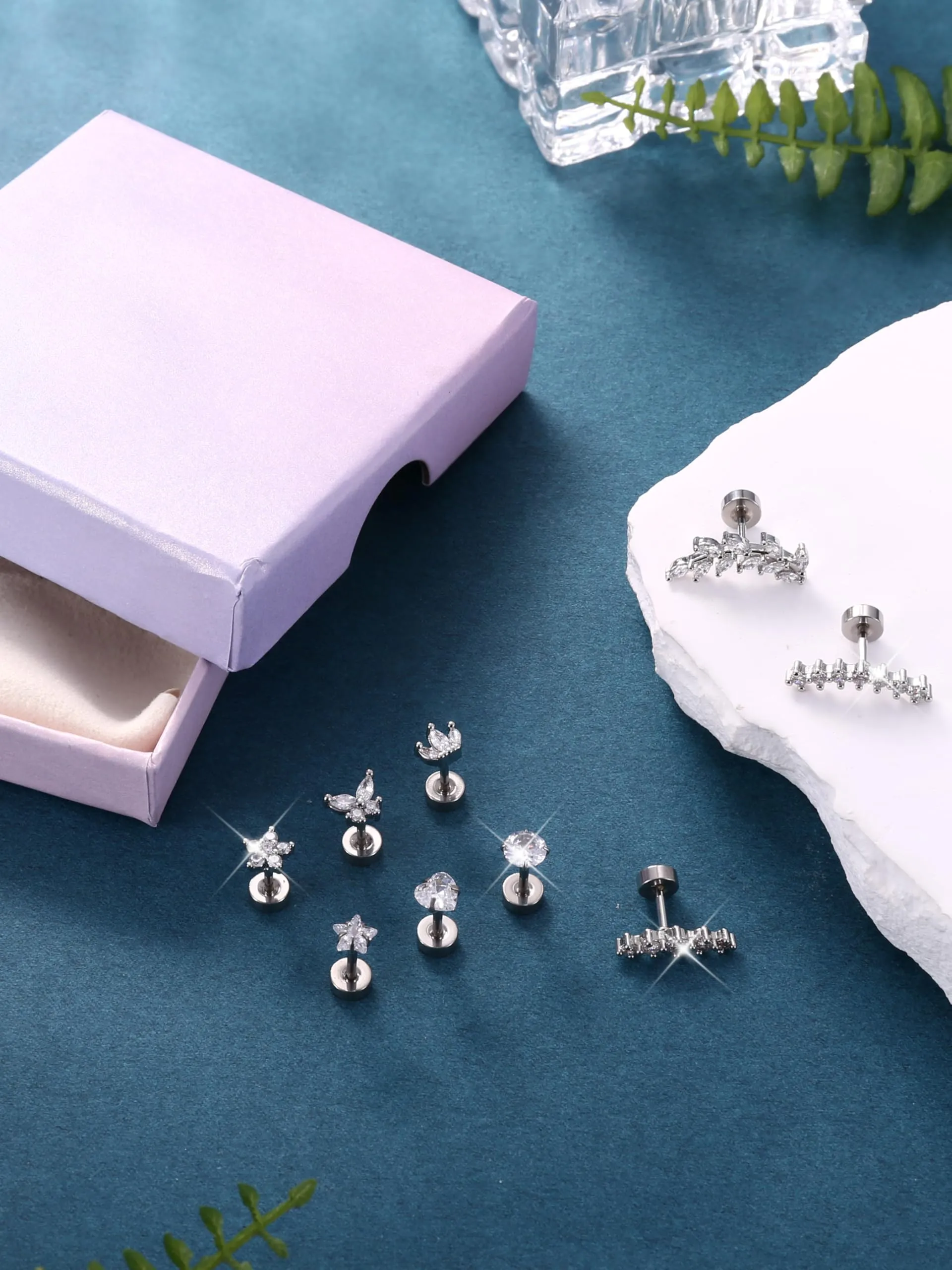 Diamday 9Pcs Piercing Orecchio Acciaio Chirurgico Set Orecchini Helix Trago Conch Argento Oro - immagine 6