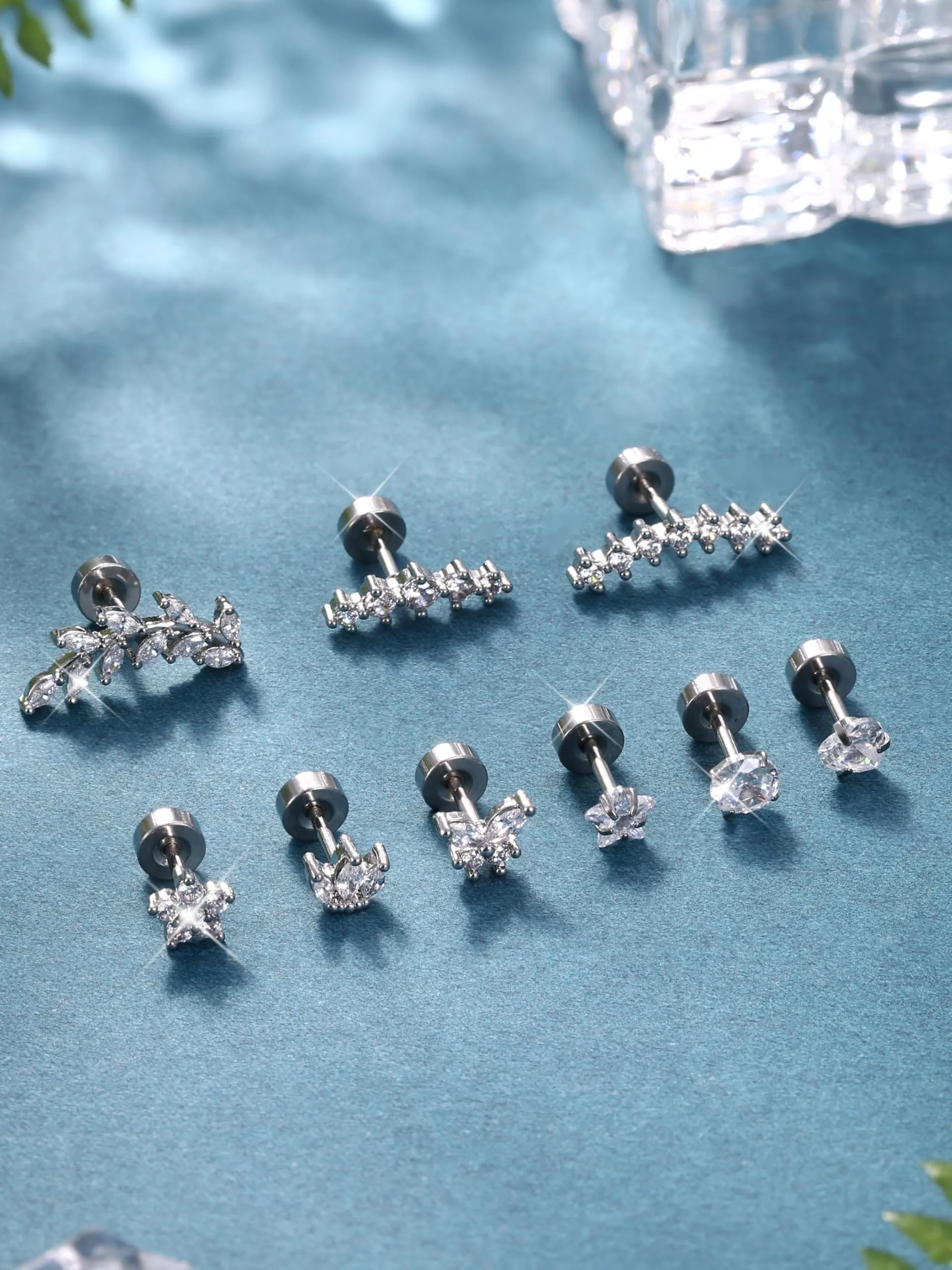 Diamday 9Pcs Piercing Orecchio Acciaio Chirurgico Set Orecchini Helix Trago Conch Argento Oro - immagine 7