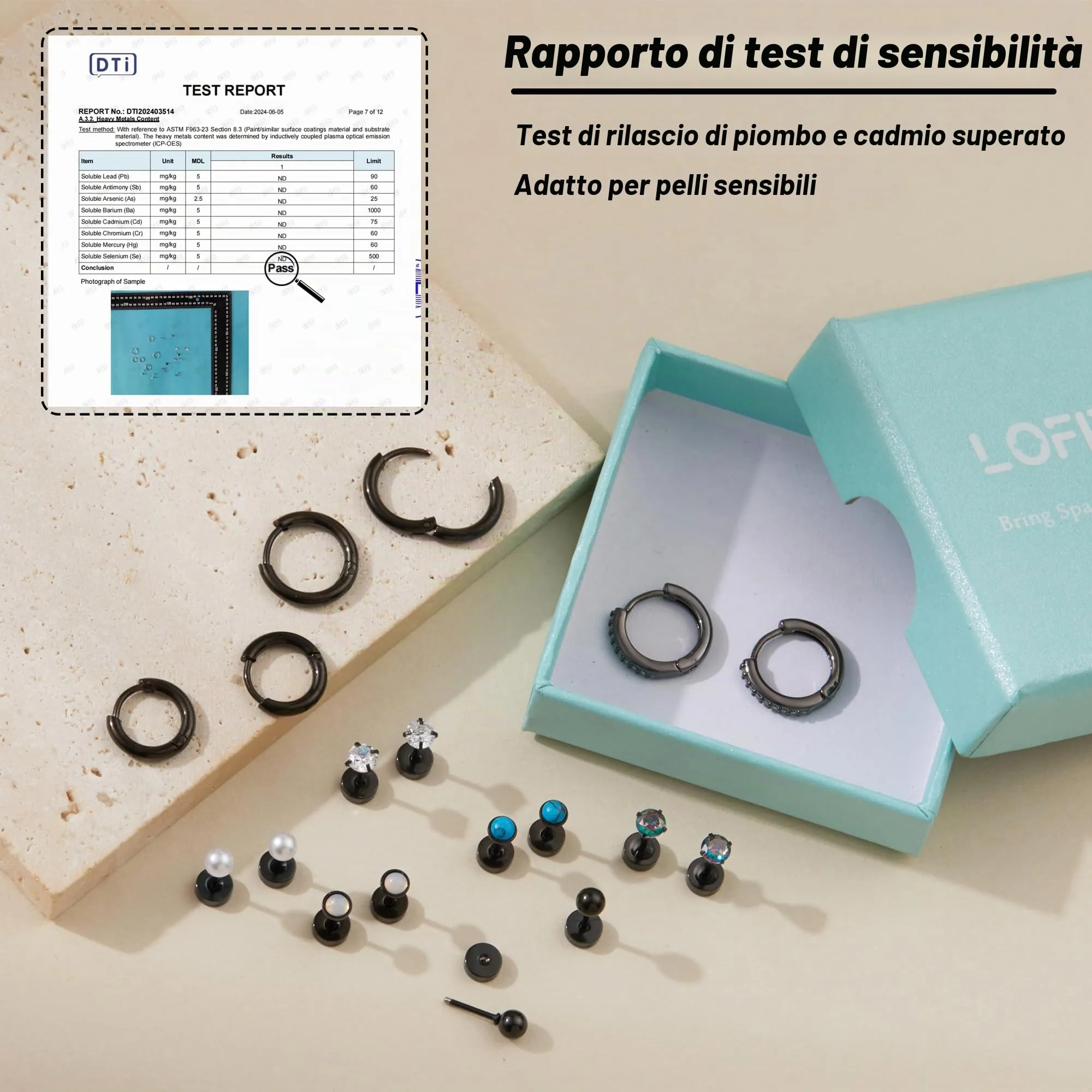 LOFITOR Set 9 Paia Orecchini in Titanio Ipoallergenici per Donne e Uomini, Piercing a Cerchio e Stud per Helix Trago Conch (Argento, Oro, Nero) - immagine 3