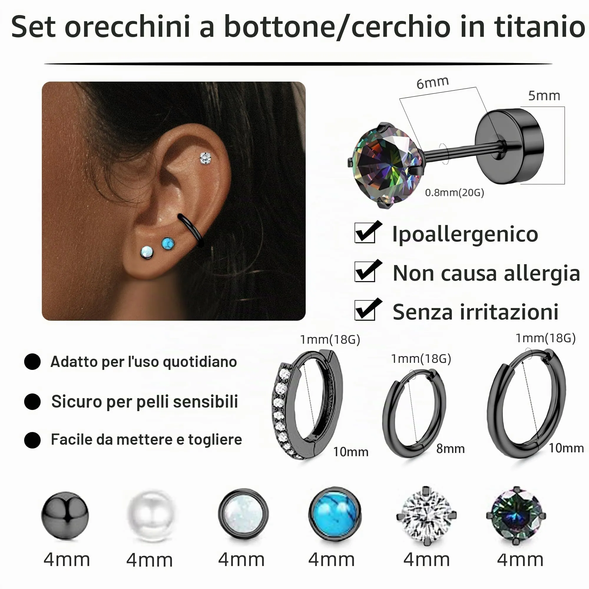 LOFITOR Set 9 Paia Orecchini in Titanio Ipoallergenici per Donne e Uomini, Piercing a Cerchio e Stud per Helix Trago Conch (Argento, Oro, Nero) - immagine 4