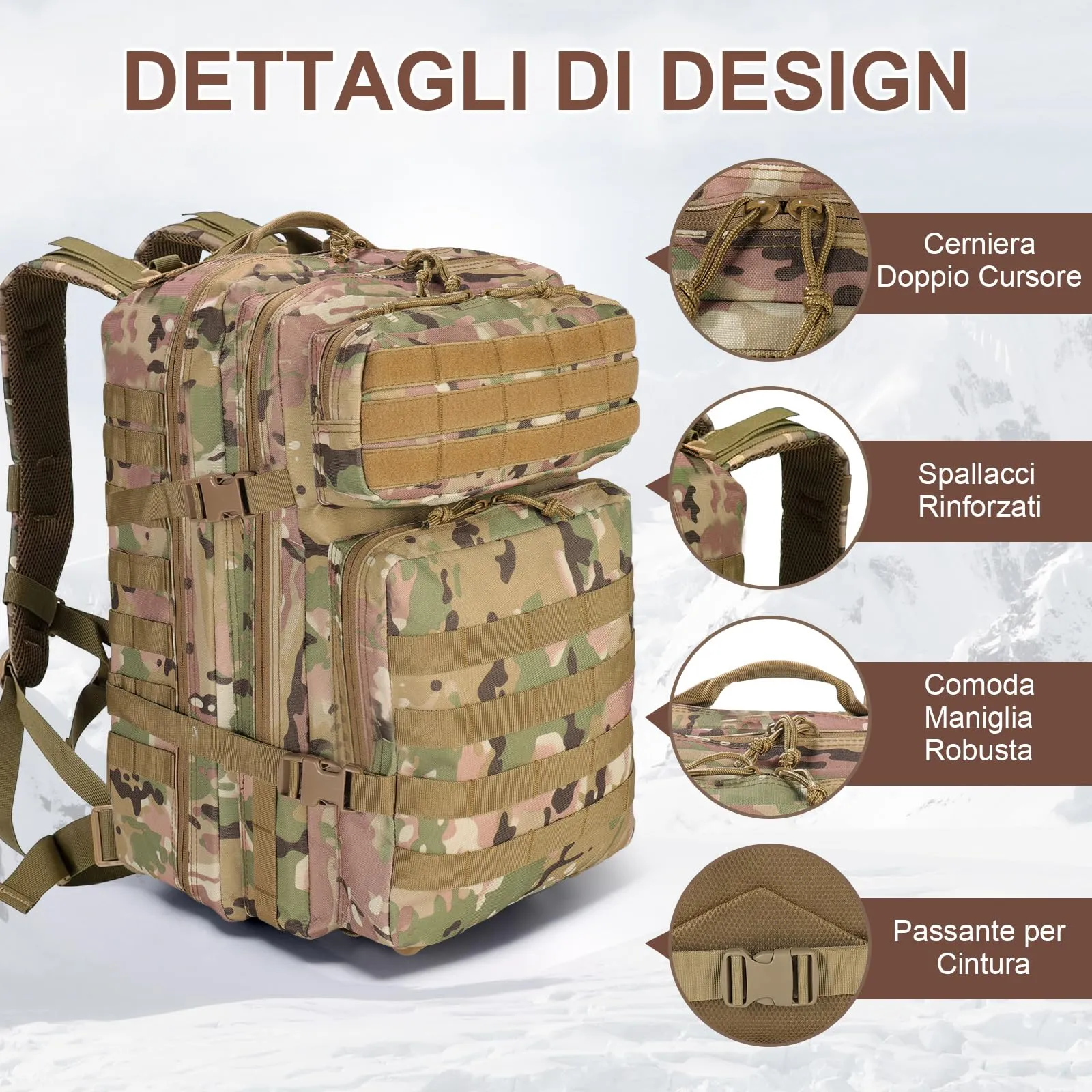 SHANNA Zaino Tattico Militare 45 Litri Impermeabile Molle per Escursionismo, Campeggio e Viaggio - immagine 2