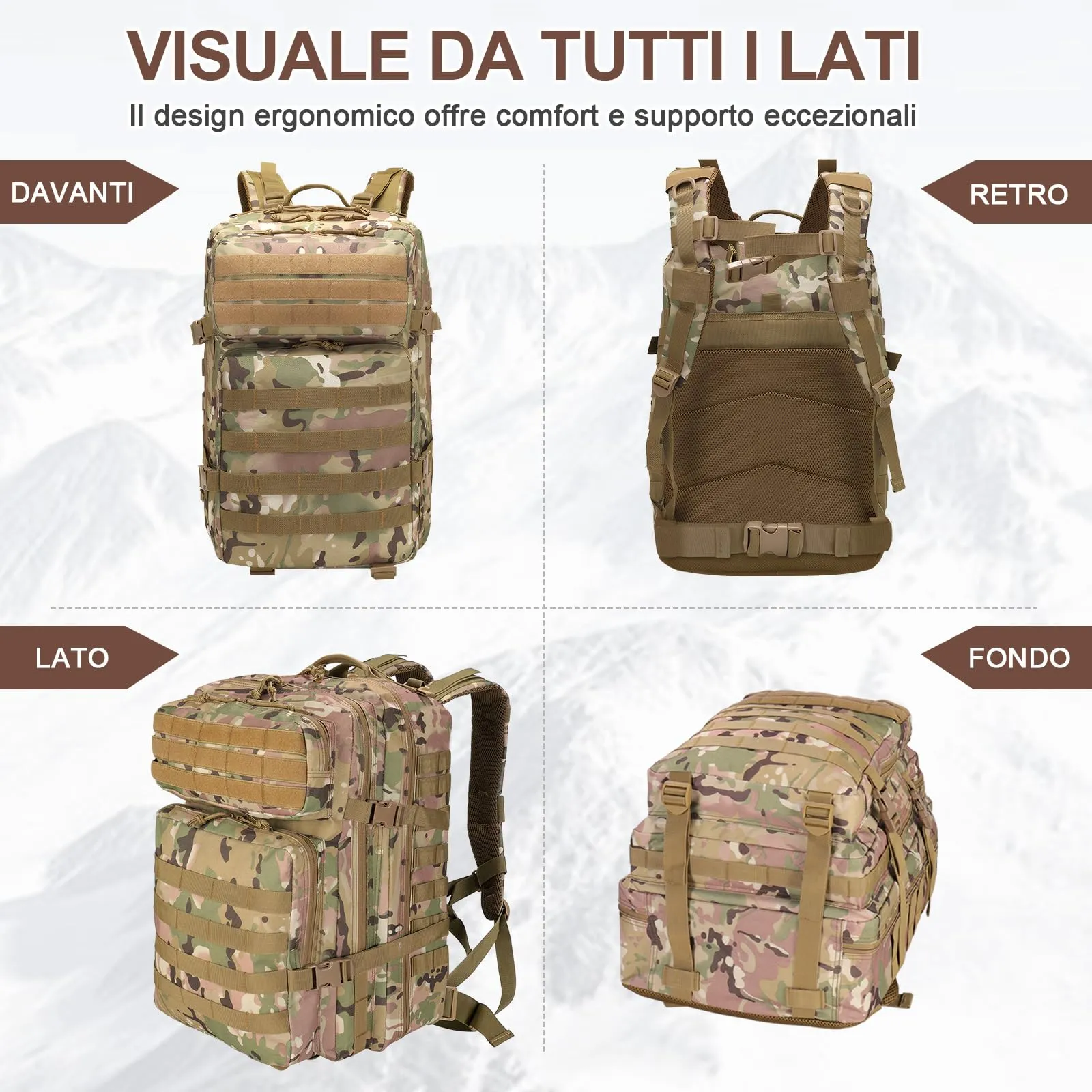 SHANNA Zaino Tattico Militare 45 Litri Impermeabile Molle per Escursionismo, Campeggio e Viaggio - immagine 3