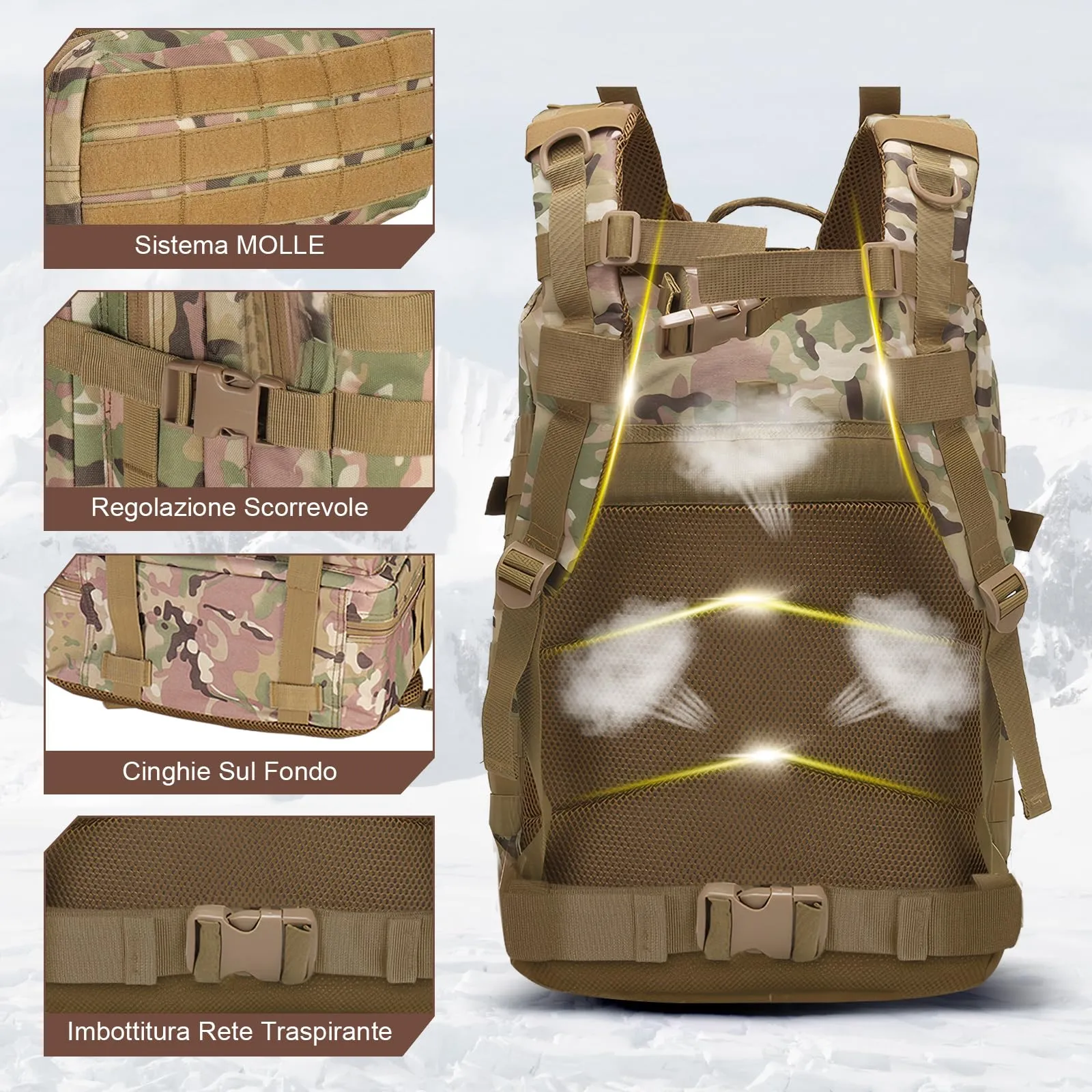 SHANNA Zaino Tattico Militare 45 Litri Impermeabile Molle per Escursionismo, Campeggio e Viaggio - immagine 4