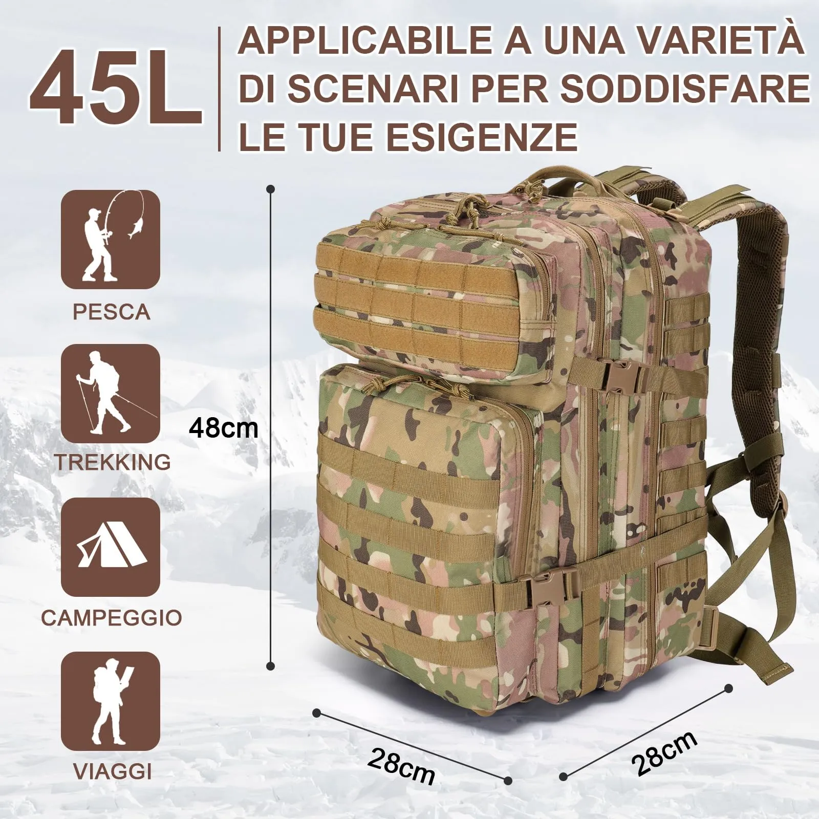 SHANNA Zaino Tattico Militare 45 Litri Impermeabile Molle per Escursionismo, Campeggio e Viaggio - immagine 5