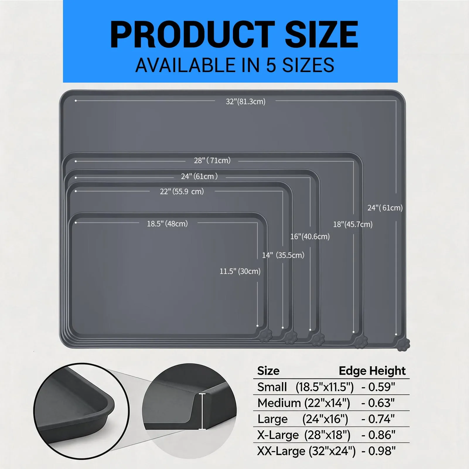 Reopet Tappetino in Silicone per Cibo e Acqua per Animali Domestici, Impermeabile e Antispill, 71 x 45 cm, Grigio - immagine 3