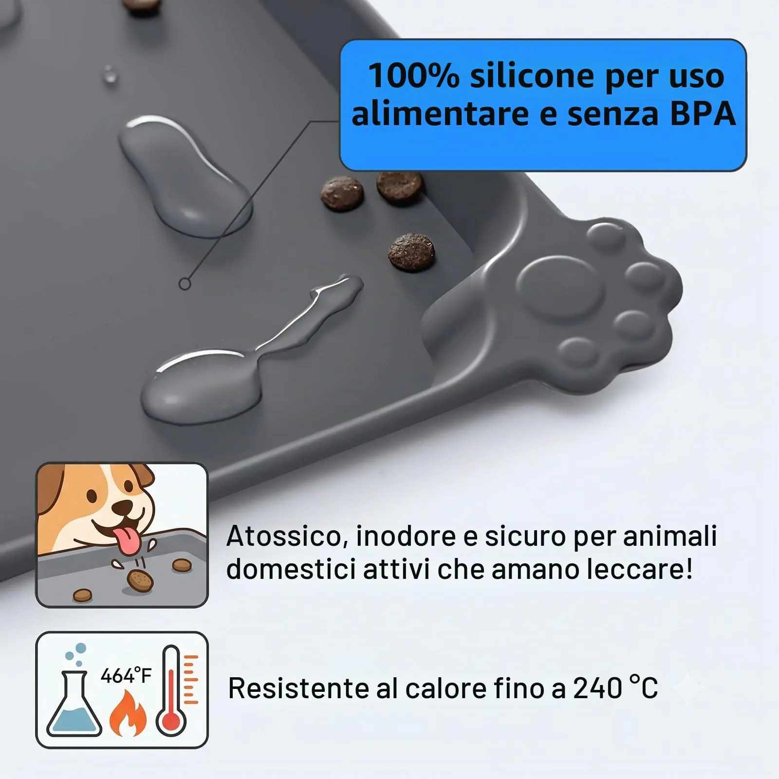 Reopet Tappetino in Silicone per Cibo e Acqua per Animali Domestici, Impermeabile e Antispill, 71 x 45 cm, Grigio - immagine 5