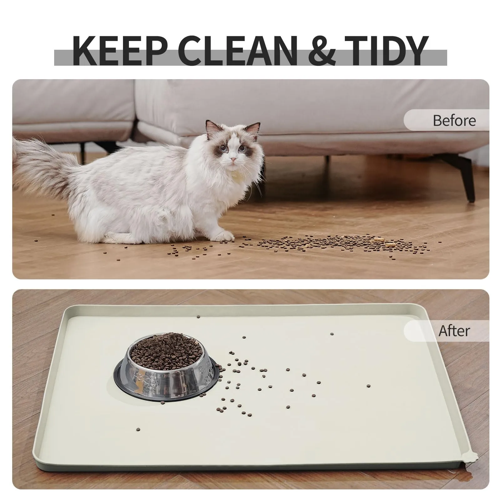 Reopet Tappetino in Silicone per Cibo e Acqua per Animali Domestici, Impermeabile con Bordi Rialzati, 71 x 45 cm, Beige - immagine 6